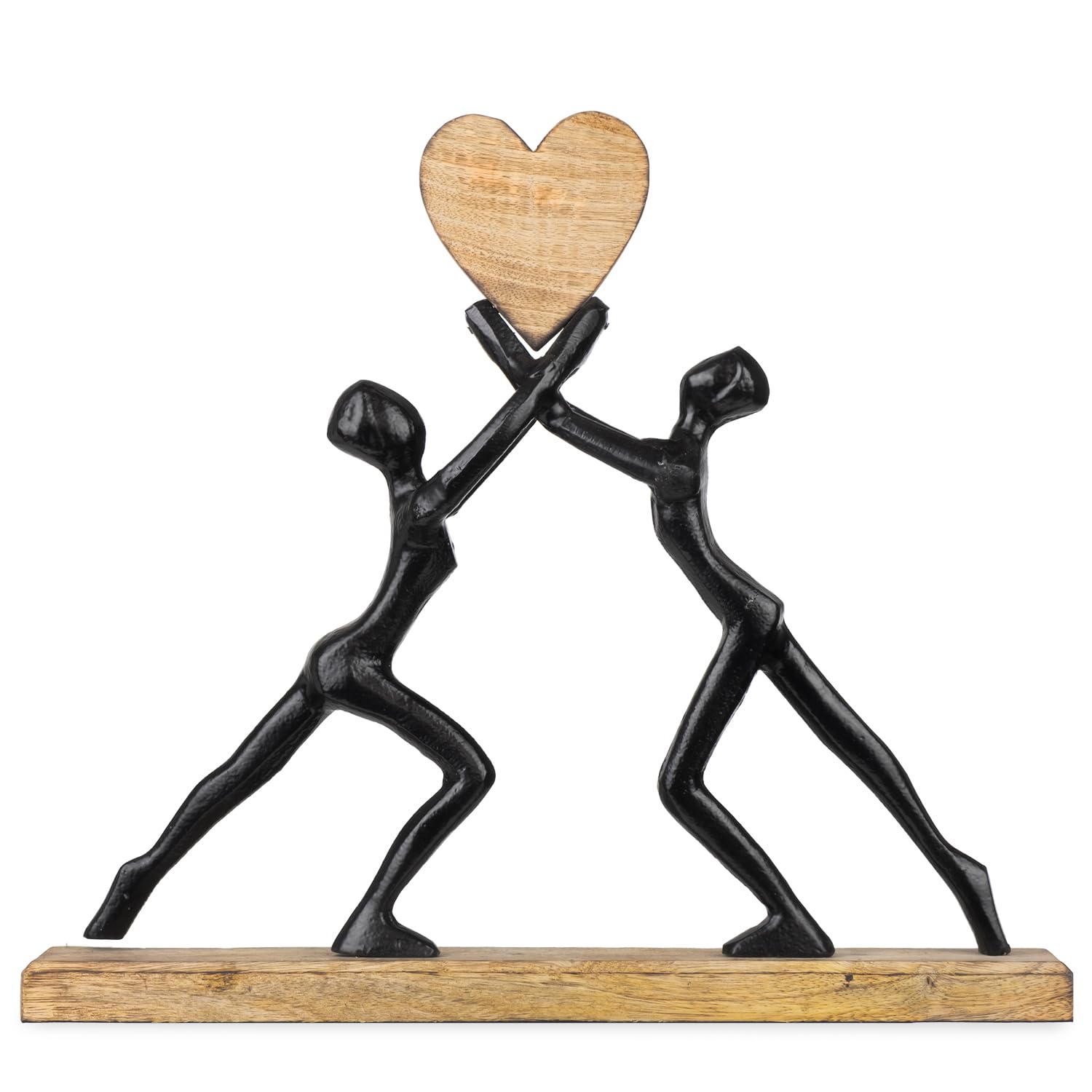 Nowoczesna rzeźba z aluminium i drewna 38 x 6 x 33 cm - figurka dekoracyjna z sercem na cokole z drewna mango - symboliczna dekoracja figury dla miłości, przyjaźni, spójności, partnerstwa