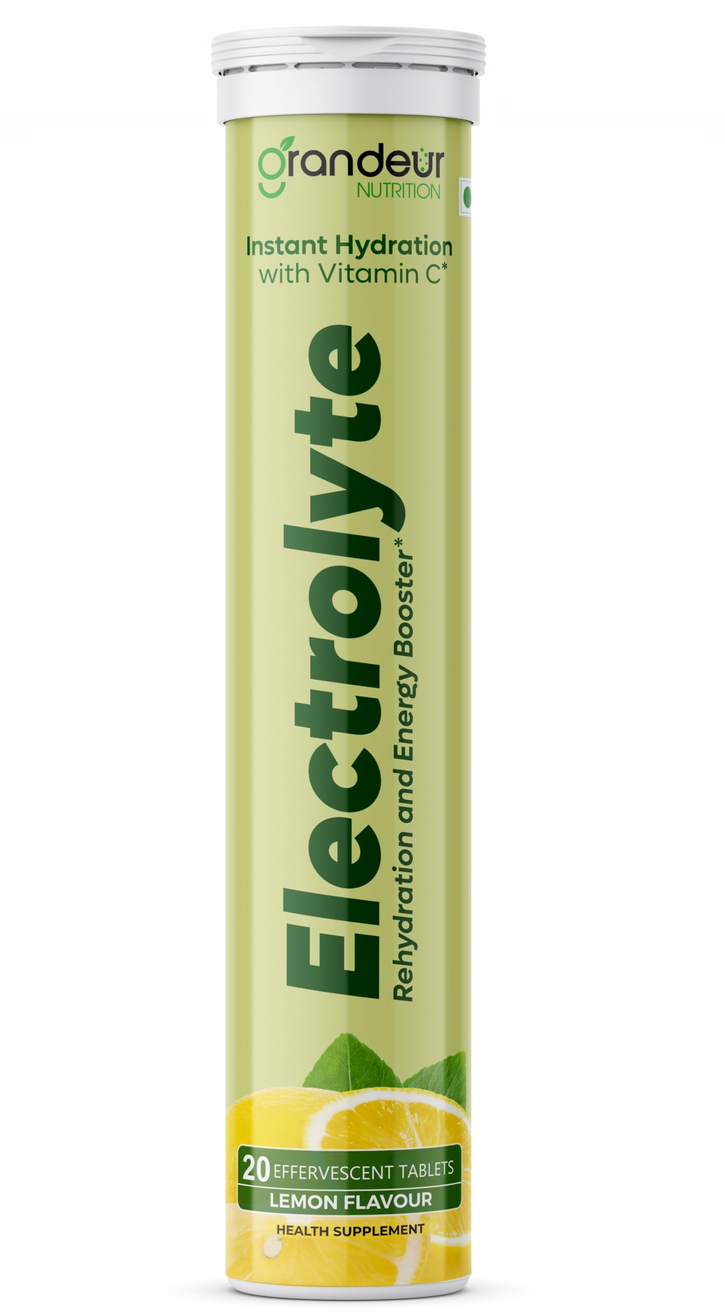 Grandeur Electrolyte No Added Sugar energy drink for instant Hydration - 20 Effervescent Tablets with Vitamin C | Rehydration & Energy Booster | Fresh Lime Flavour