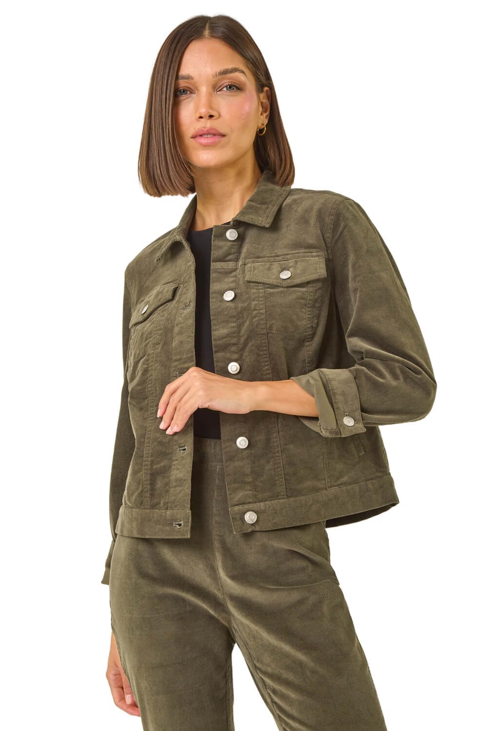 Roman Women's Khaki Corduroy Pocket Detail Stretch Jacket In Size 18