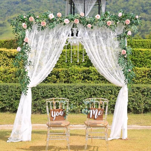 Image of HunnmingRe 2 Panel White Wedding Arch Draping Fabric Summer 30 inch X 18 FT Lace Wedding Arch Drapery Embroidered Boho Rustic Backdrop Vintage Decor for Bridal Shower Church Ceremony Decoration