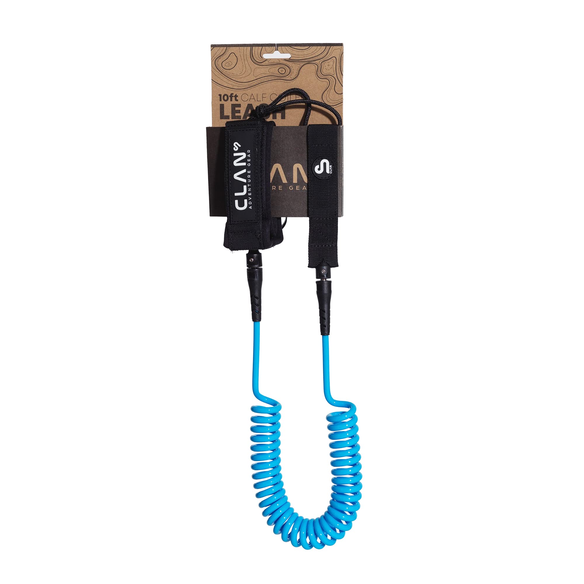 Clan Leash 10' Calf Coiled avec anneau à dégagement rapide et étui pour clés intégrée. Leash de sécurité en TPU pour pratiquer en sécurité Surf, Stand up Paddle, Wing Foil, Bodyboard
