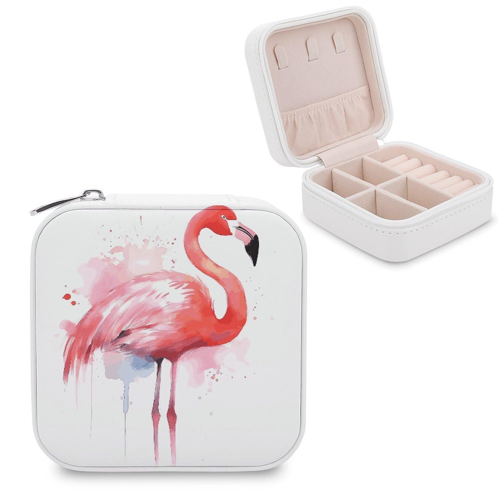 FekiLoot Pink Flamingo Watercolor Jewelry Box Exquisite Jewelry Organizer Silver Gold Trinket Storage Case Multi Compartments Cute Earrings Ring Necklace Holder For Woman Household Gift