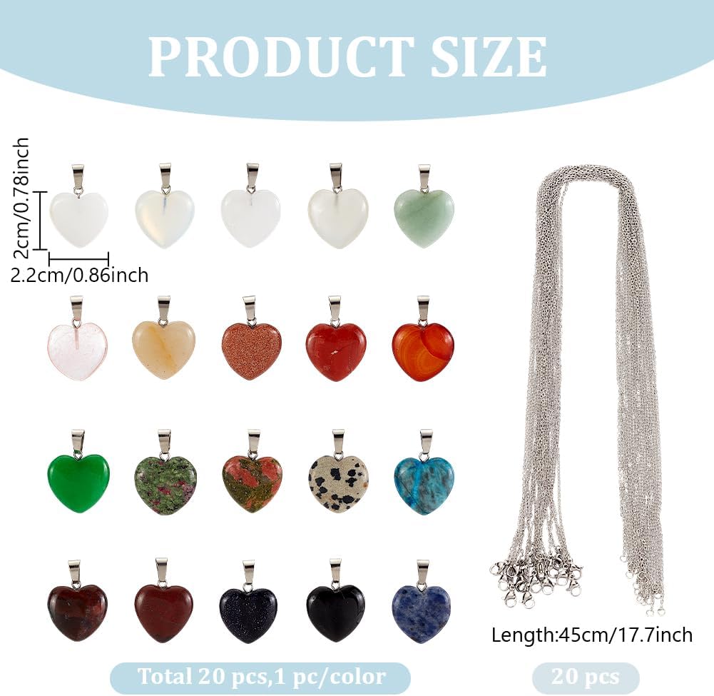 40 Pcs Heart Stone Charm Necklaces Set, Natural Love Heart Quartz Gemstone Crystal Pendants with 304 Stainless Steel Necklaces for Jewelry Making - Image 2