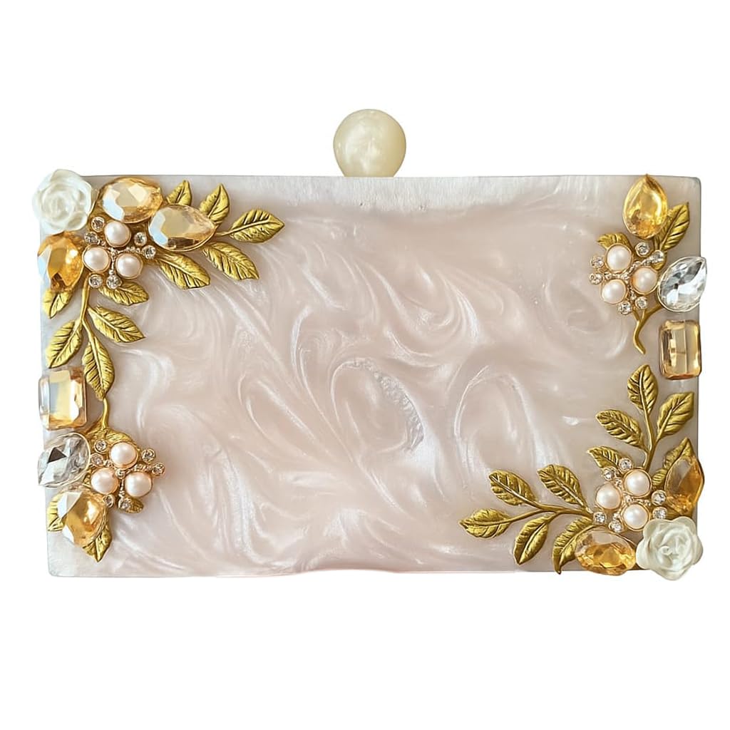 tz handicraft Resin Clutch White Floral Acrylic Clutch – Bridal Box Purse with Gold Leaves & Crystal Embellishments | Evening Bag with Chain Strap-picture-22