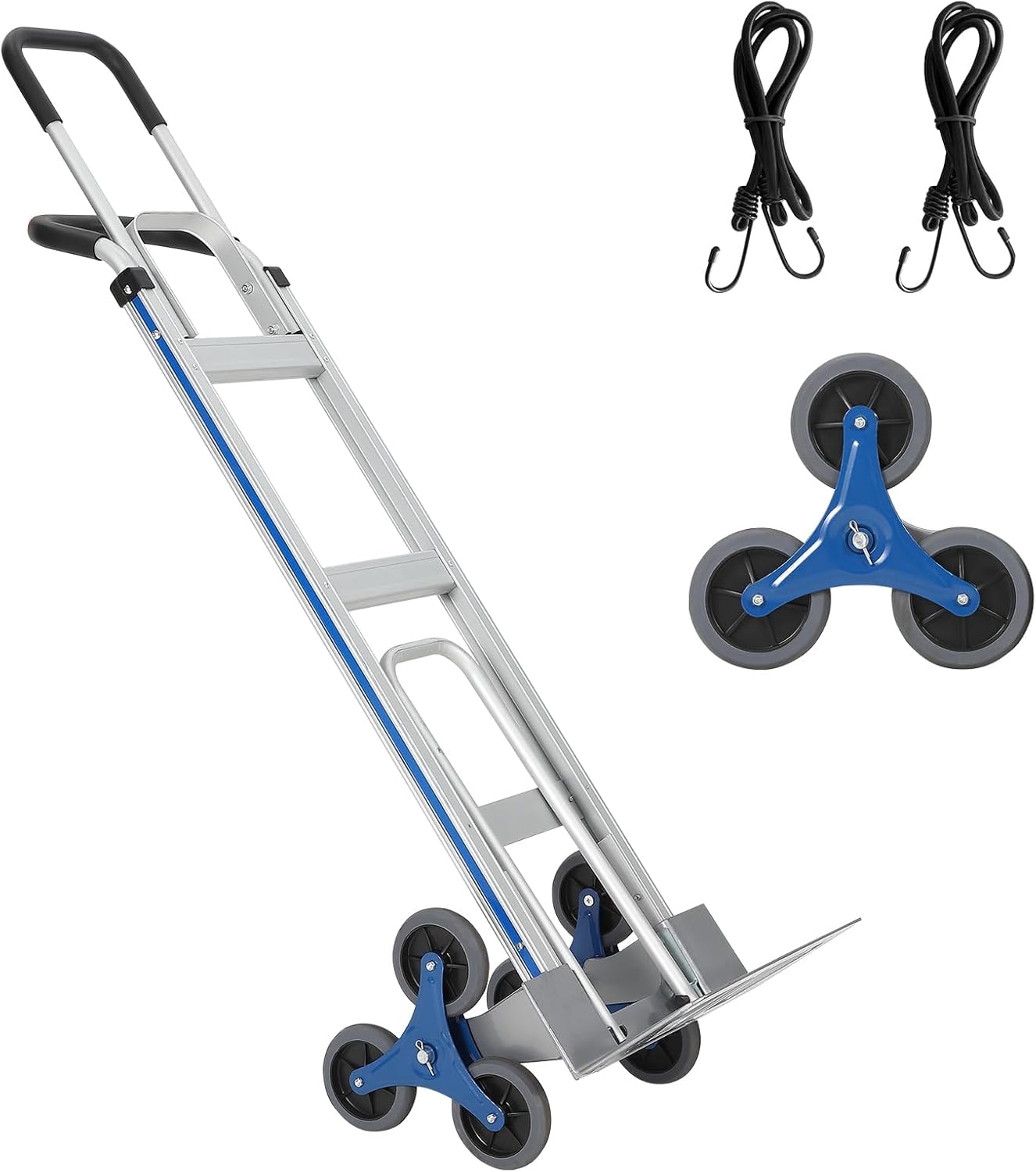 2 in 1 Aluminum Stair Climbing Cart,600 lbs Capacity,Heavy-Duty Trolley Cart Extendable Base Plate, Dual Handles, 6 Wheels & 2 Elastic Ropes,for Warehouse Shopping Airport