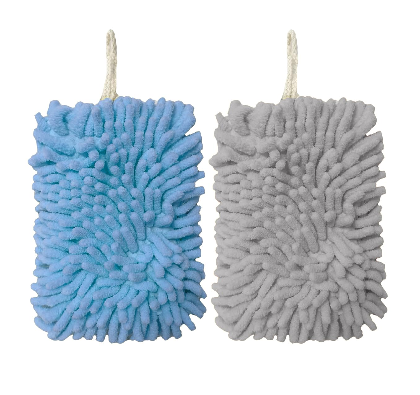 2 Pack Chenille Fuzzy Hand Towels, Quick Dry and High Absorbent Microfiber Hand Towels with Hanging Loops for Kitchen Bathroom, 5.9" x 7.9", Sky Blue and Grey