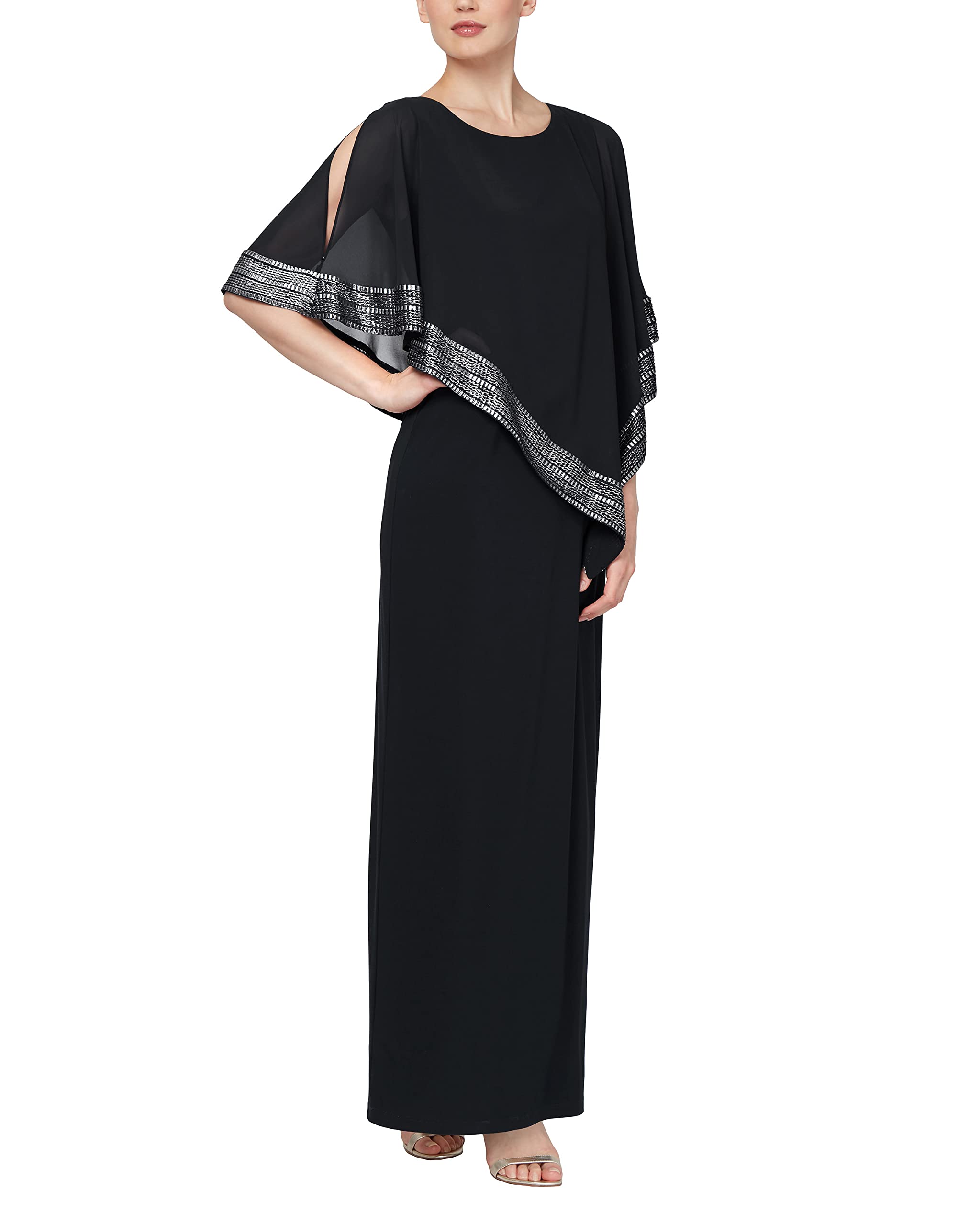 S.L. Fashions Women's Cape Special Occasion Dress, Black Silver, 12