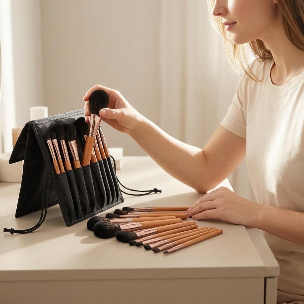 Set Pennelli Trucco 17 Pezzi, Manico, Fusto in metallo, Pennelli Trucco Oc, Sfumature, Per Estetiste, Set di 17 pennelli per trucco rosso acero con borsa pieghevole nera con coulisse