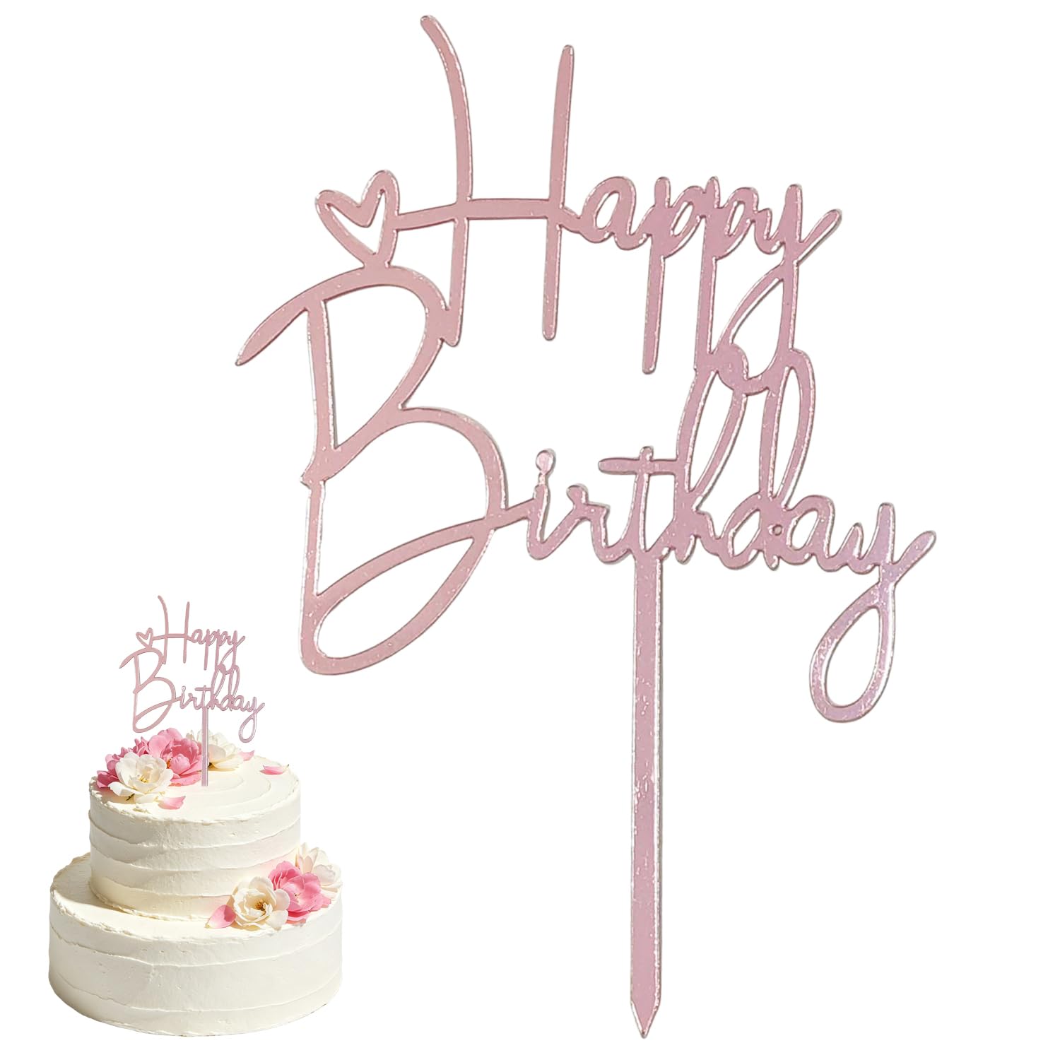 2 Pcs Happy Birthday Cake Topper, Birthday Cake Topper Decorations | Acrylic Happy Birthday Cake Decorations Supplies for Party Anniversary Celebration Baby Shower Bridal Shower (Rose Gold)