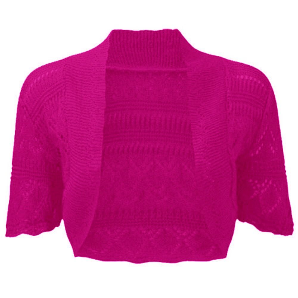 Hina Fashion Womens Ladies Half Sleeve Crop Crochet Knitted Bolero Shrug Cardigan (Small, Fuchsia)