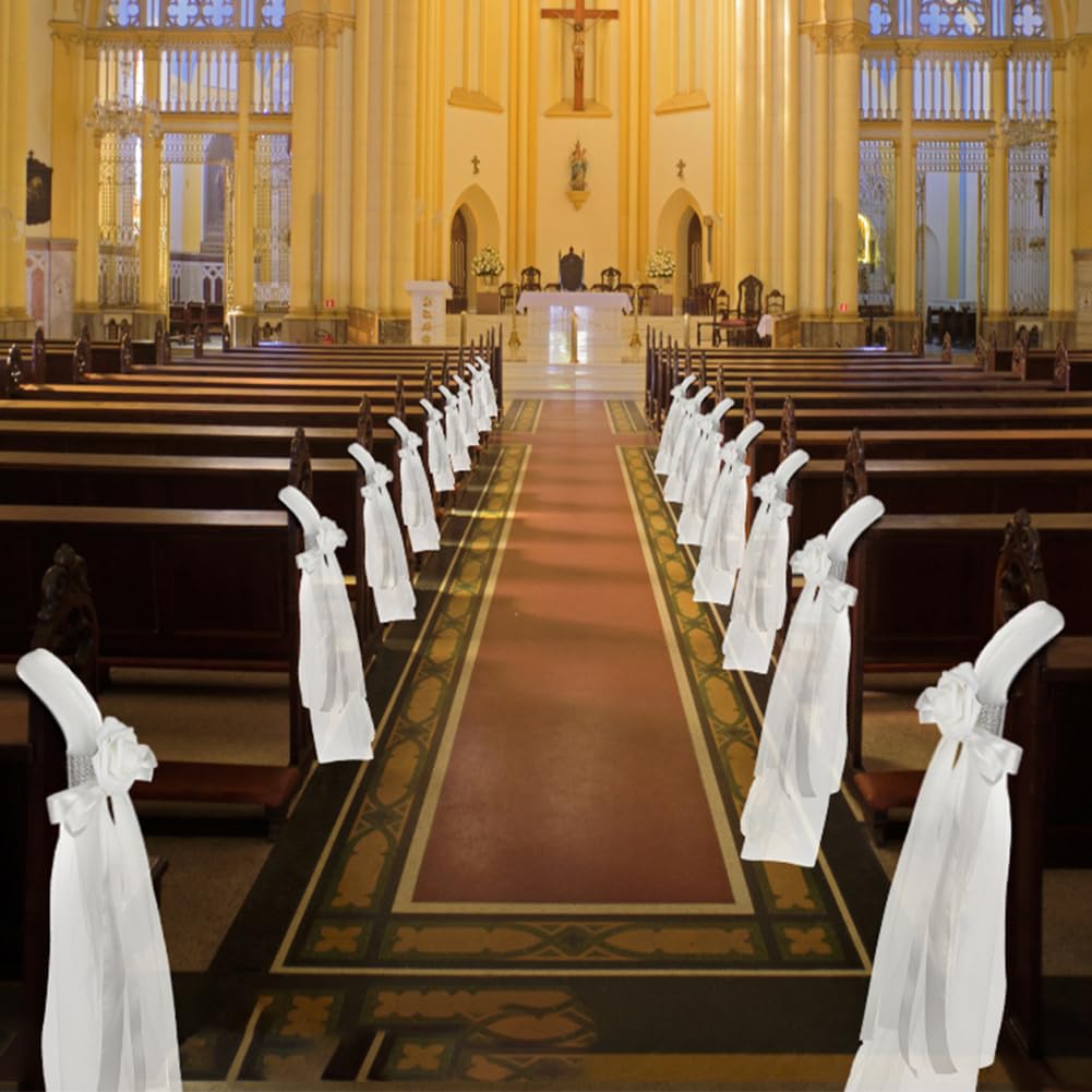 20 Stück Weiß Tüll Stuhlschleifen mit Strass Ring Künstliche Rose Elegante Schleife Kirchenbank Hochzeitsgang Deko Kirche Stuhl-Schärpen für Kirche Bankett Hochzeitsstuhl Gangstuhl Gang