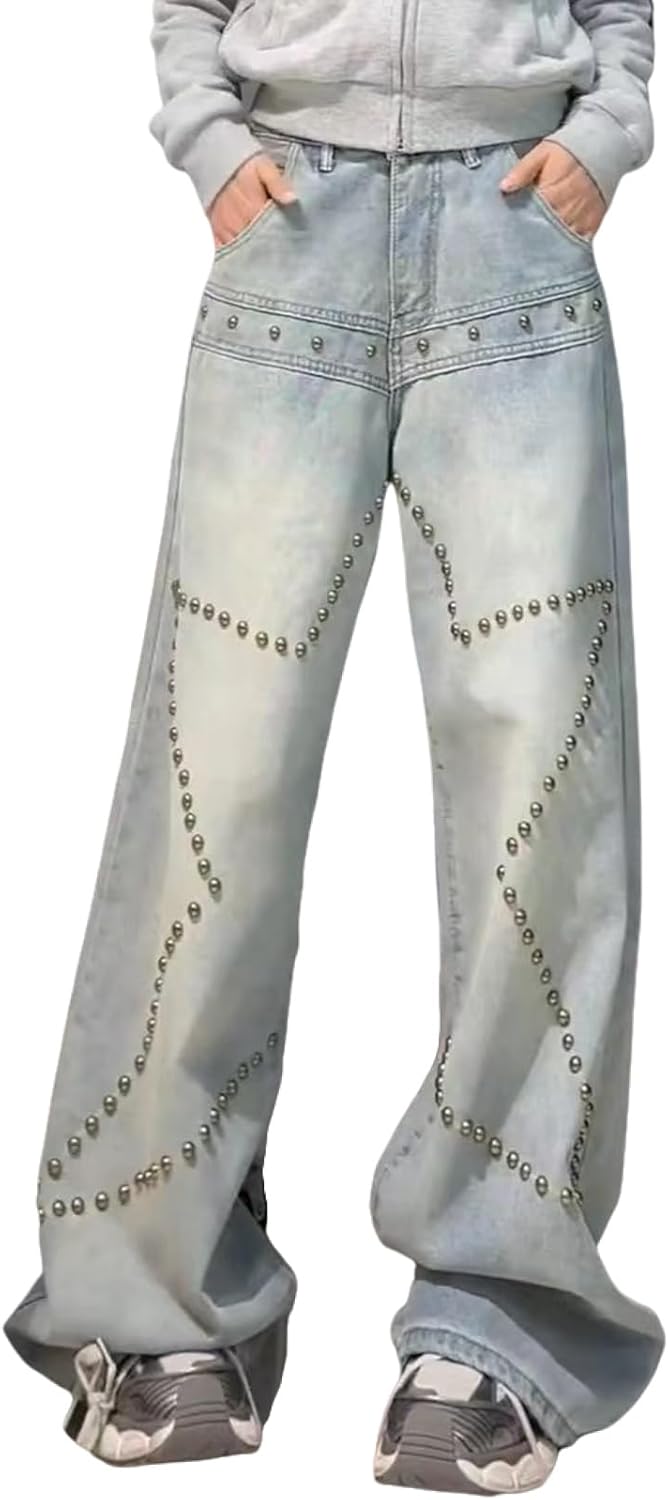 Women's Jeans Y2K Jeans Retro Washed Star Studded Loose Fitting Jeans Straight Leg Pants