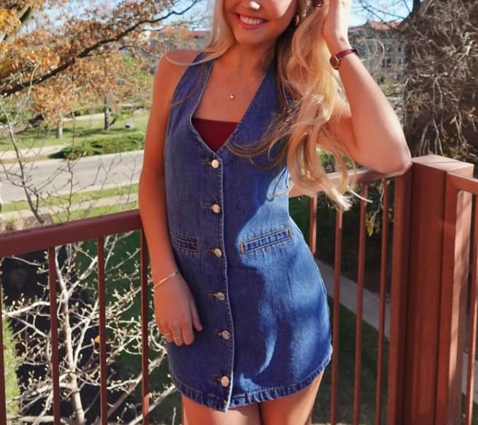 Women's Summer Sexy Backless Denim Dress Deep V-Neck Halter Mini Dress Sleeveless Button Down Jean Dresses with Pockets - Image 6