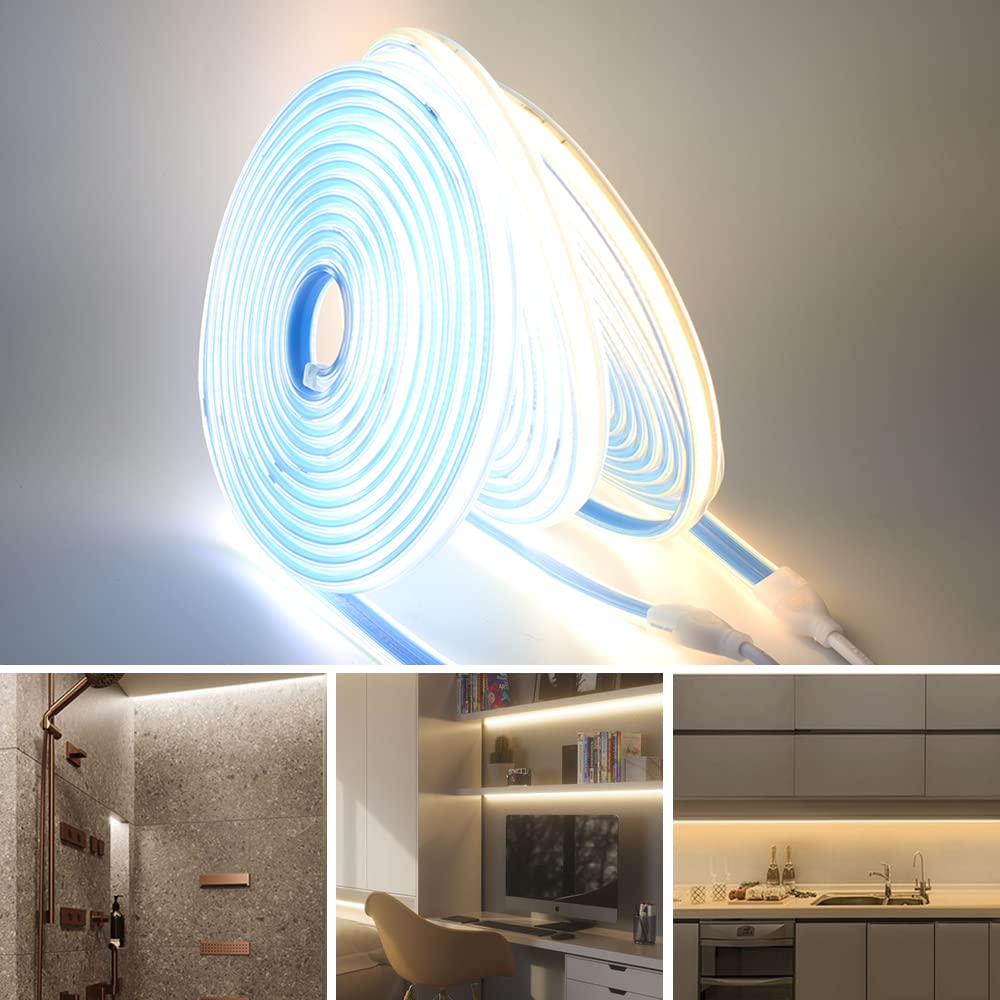Tira LED COB 220V autoadhesiva [100M, Blanco cálido 3000-3500K], IP65 impermeable flexible, 360 LEDs/m tira LED FCOB cortable CRI85+, iluminación decorativa para hogares y tiendas