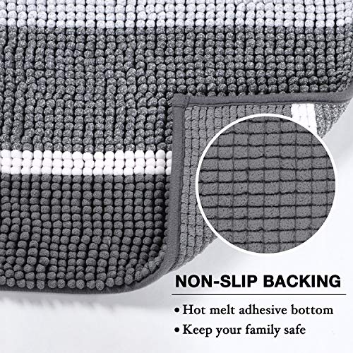 Flamingo P Super Cozy Chenille Microfiber Bathmat, Gradient Grey Stripe Pattern Soft Chenille Shaggy Rug For Bathroom, Slip-Resistant Absorbent Bathroom Floor Mat Machine Washable, 24X36 Inch #TOP2