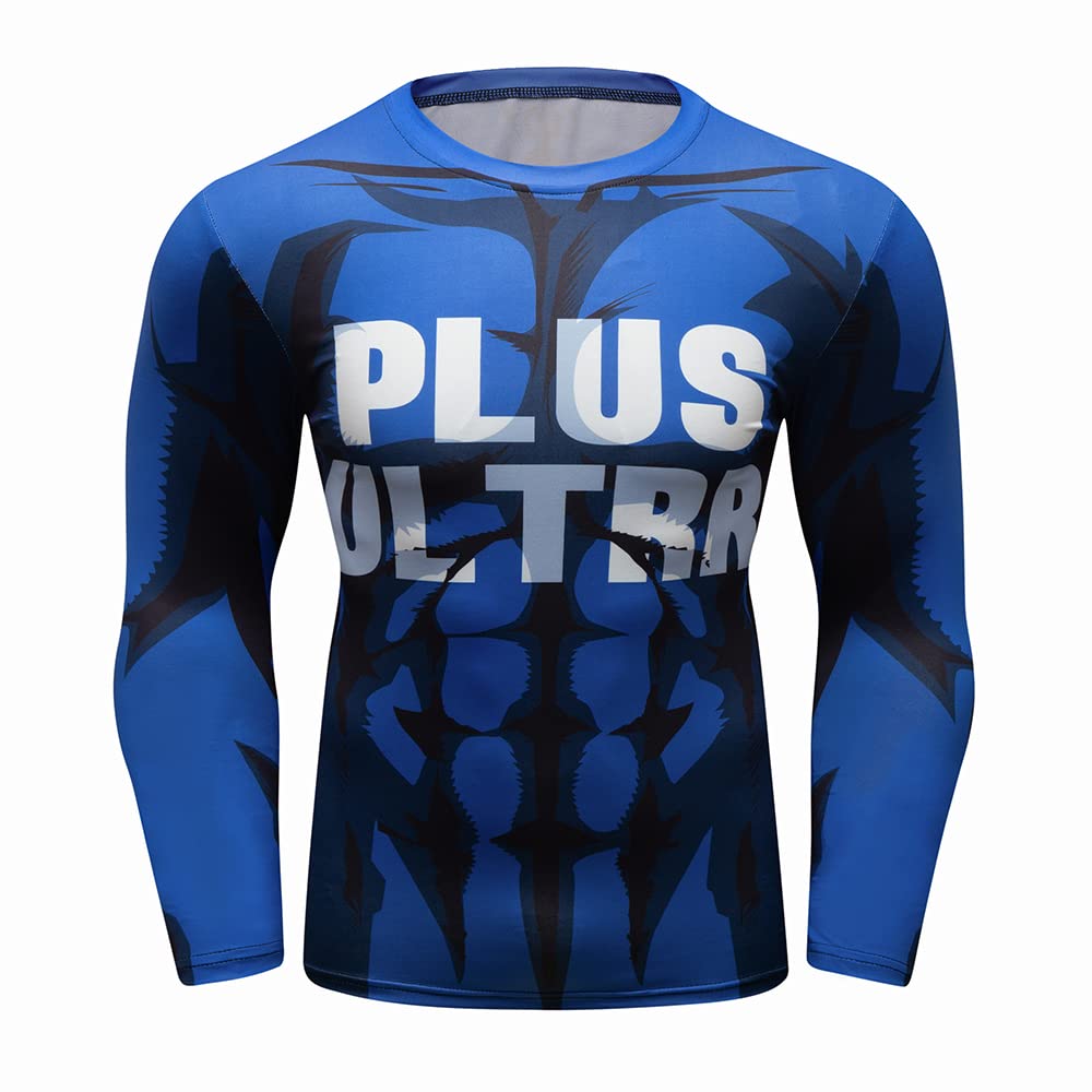 CosFitnessAnime Training Shirt, BNHA MHA Plus Ultra(Blue) Workout 3D Muscle Compression Long Sleeve Tee for Men, Lite Series