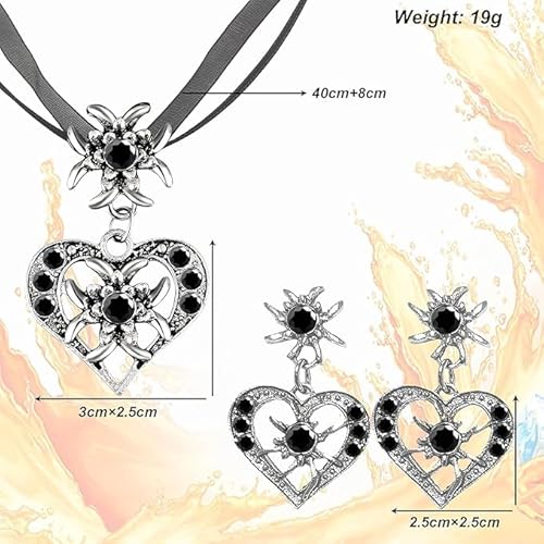 Glamifyr 3 Stück Trachtenschmuck Damen Schwarz Schmuck Trachtenkette,Strass Edelweiß Herz Anhänger,Edelweiß Ohrstecker Vielen Anhänger Trachtenschmuck Kette,für Dirndl und Lederhose Damen