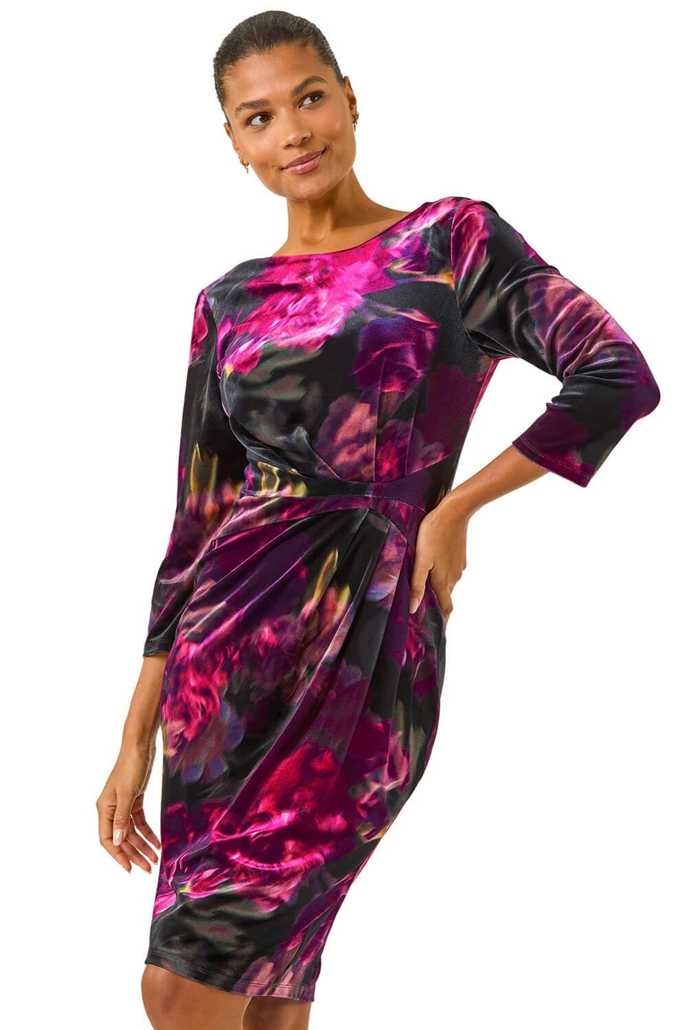 Roman Originals Women's Pink Noir Roman Velvet Side Twist Diamante Stretch Dress For Uk - Autumn Everyday Winter Holiday Round Neckline Comfy 3/4 Sleeve Knee Length Frock Dinner Gowns - Size 16