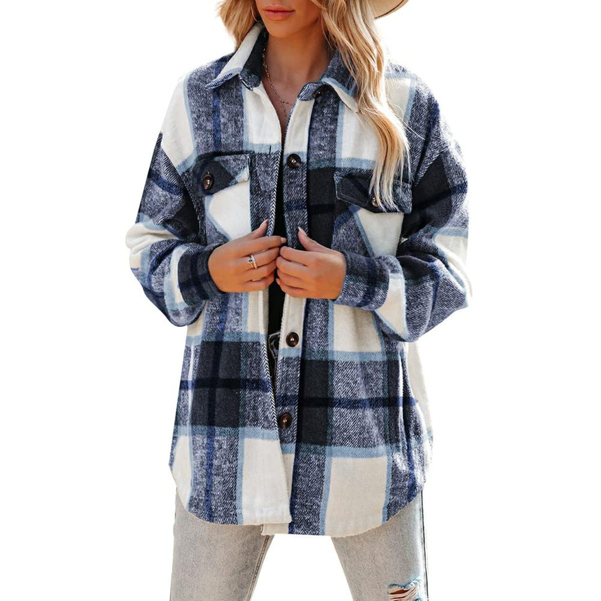 Women's Plaid Jacket Autumn and Winter Button Jacket with Pockets Flap Collar Jacket Shirt