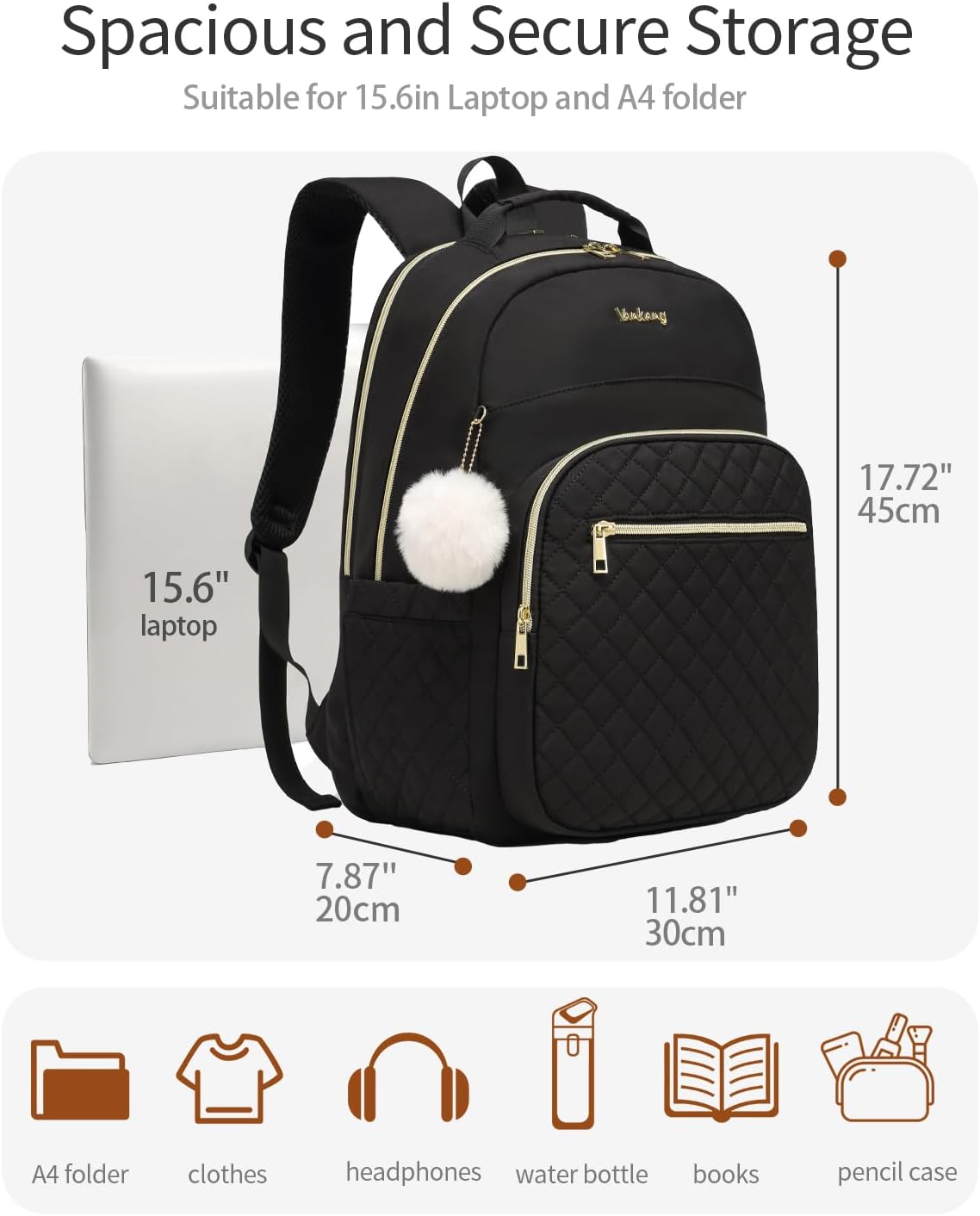 Laptop Backpack Women School Backpack for High School Teen Girls, Water Resistant College Bookbag with Charging Hole for Travel Work, Black