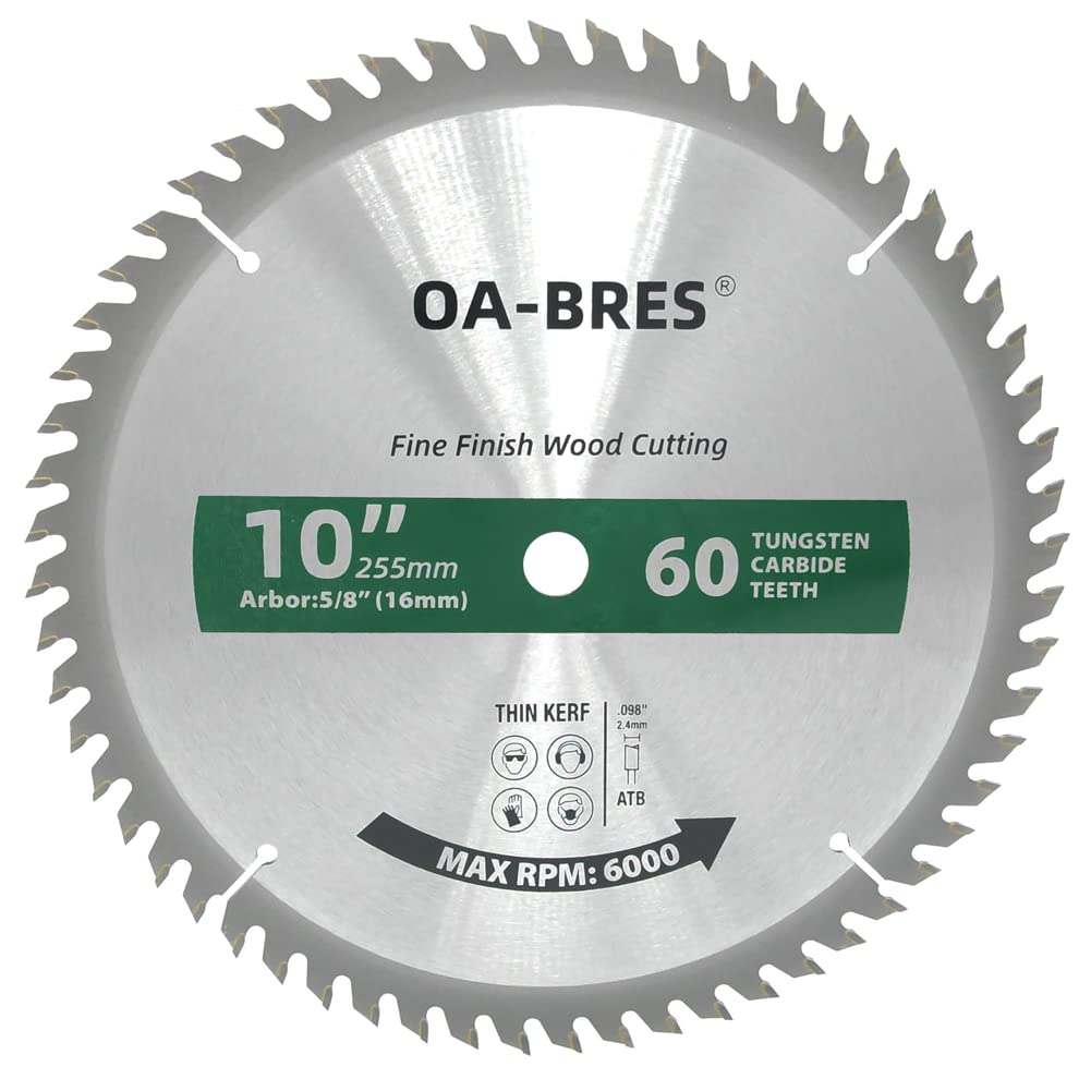 10-Inch Miter/Table Saw Blades, 60-Tooth ATB TCT Fine Finish Wood Cutting Circular Saw Blade with 5/8 Inch Arbor