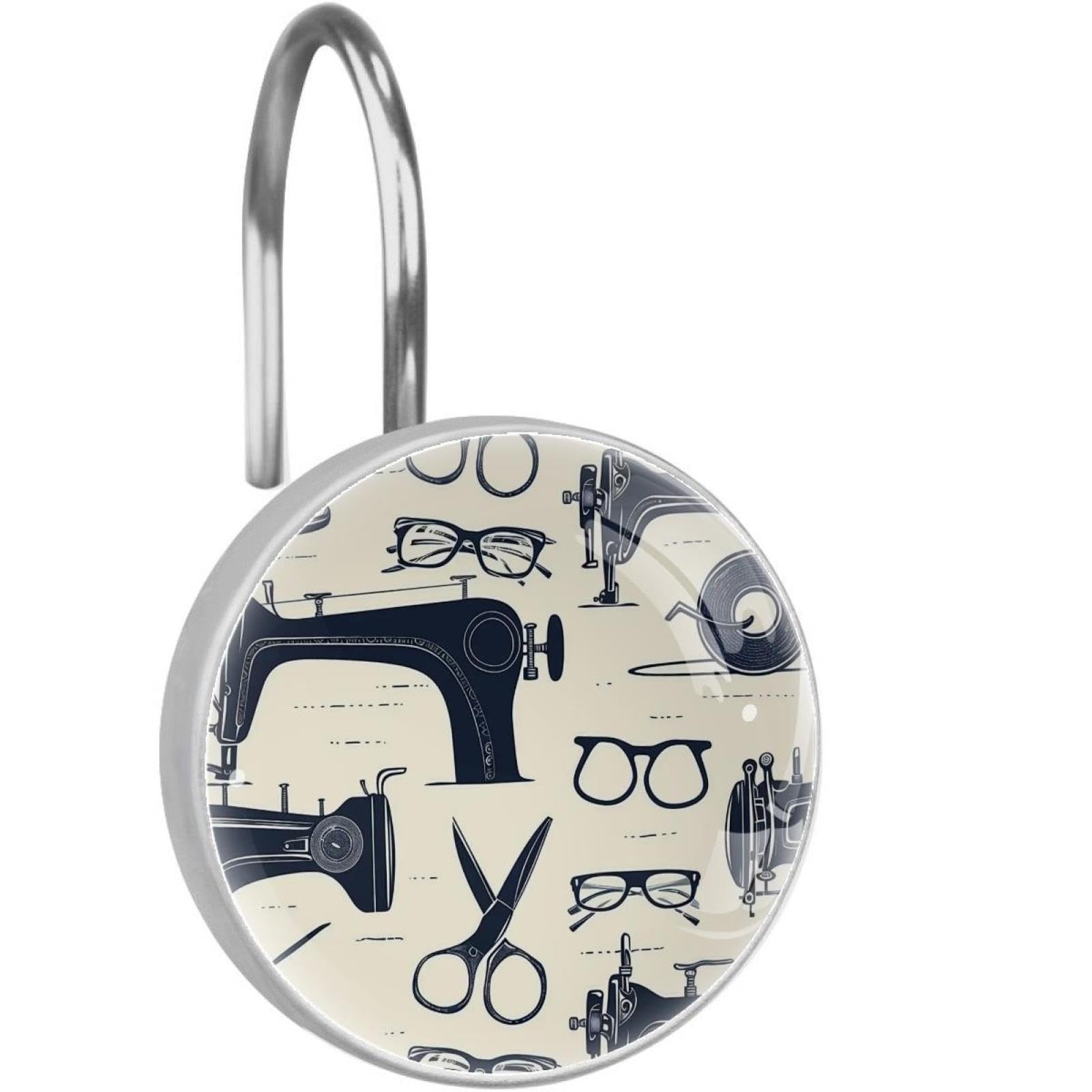 Ganchos de cristal para cortina de ducha retro con diseño de máquina de coser juego de 12