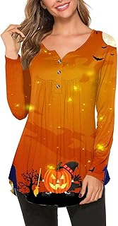Halloween Tops for Women Pumpkin Print Long Sleeve Shirts Women's Fall Winter Pullover Tops Fashion Henley Shirts V Neck Button Top Ladies Loose Plus Size Sweatshirts Halloween Costumes for Women
