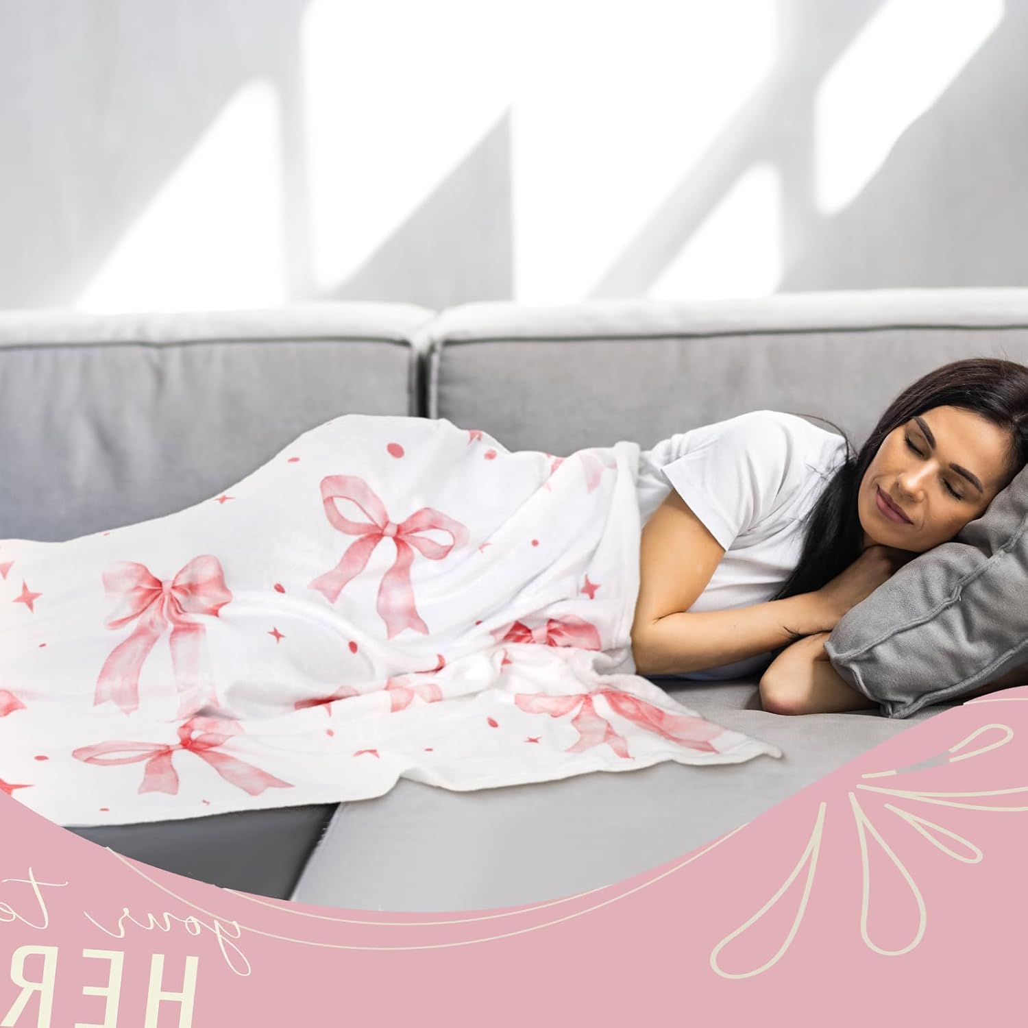 Halfchet 2 Pcs Valentine Pink Bow Bed Blankets and Slipper Set Gifts for Women Friends Sister Coquette Preppy Stuff 50" x 60" Flannel Soft Plush Fluffy Warm Fur Slippers for Winter Indoor Home
