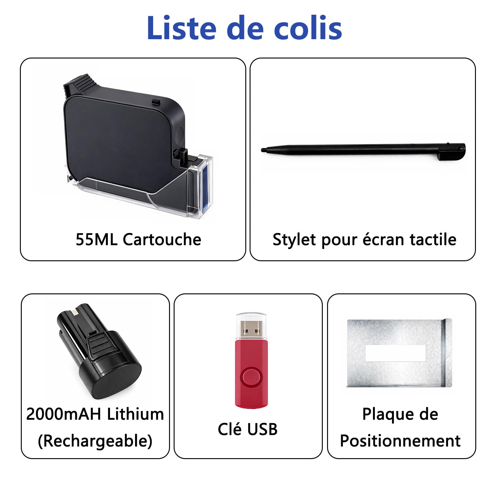 Impresora de inyección de tinta portátil, 【con 55 ml cartucho】, secado ultra rápido (<1s sobre cartón), 16H Autonomía, 1-4 líneas, altura 2-25,4 mm, 600 DPI 360 ° impresión QR/código de barras, fecha