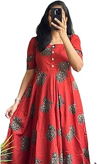 Women's Red Cotton Maxi Dress, Square Neck, Puff Sleeves, Geometric Print, Button Front-picture-26