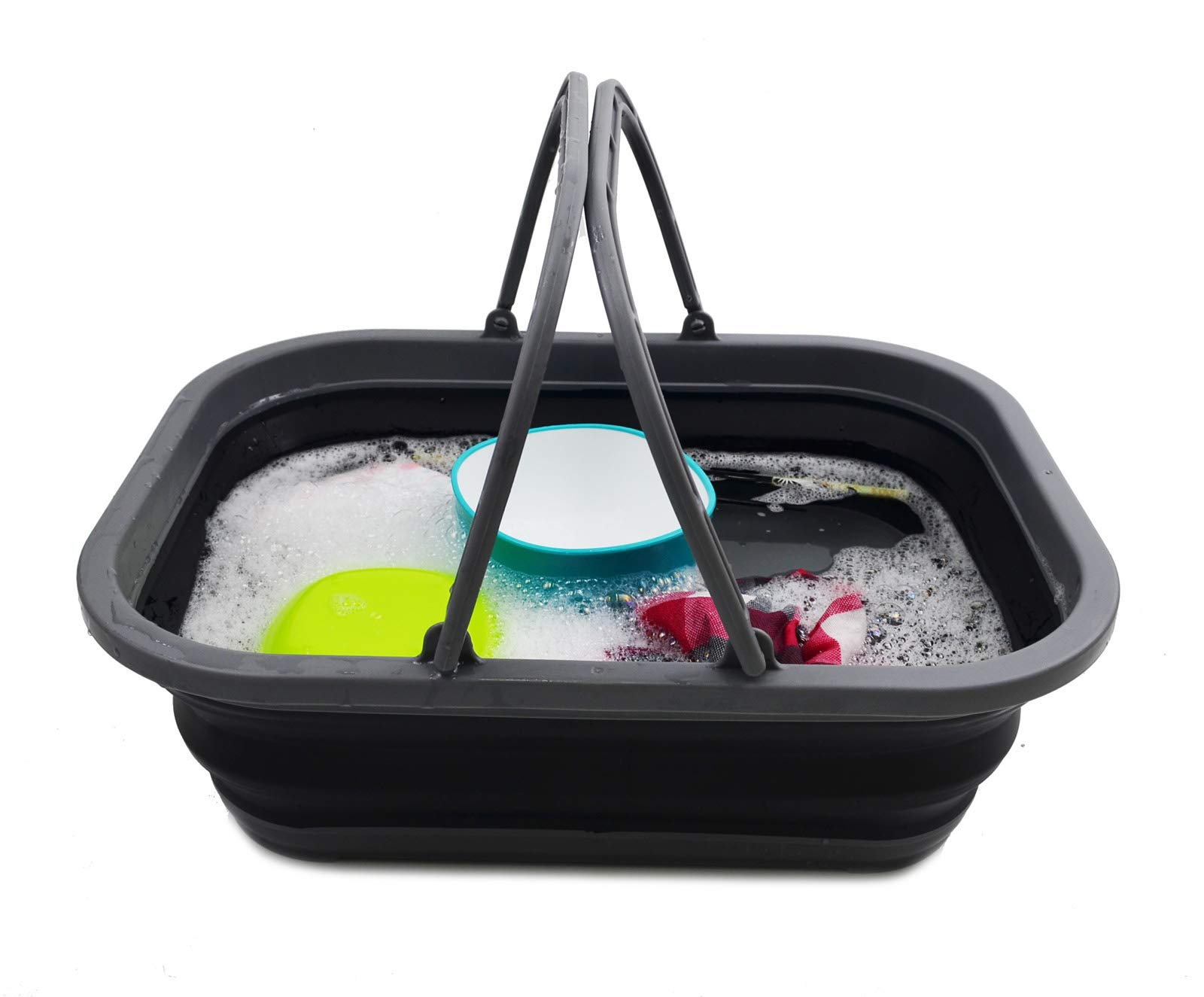 SAMMART 12L Tina plegable con asa, cesta de picnic portátil al aire libre, bolsa de la compra plegable, contenedor de almacenamiento para ahorro de espacio (2, gris/negro)