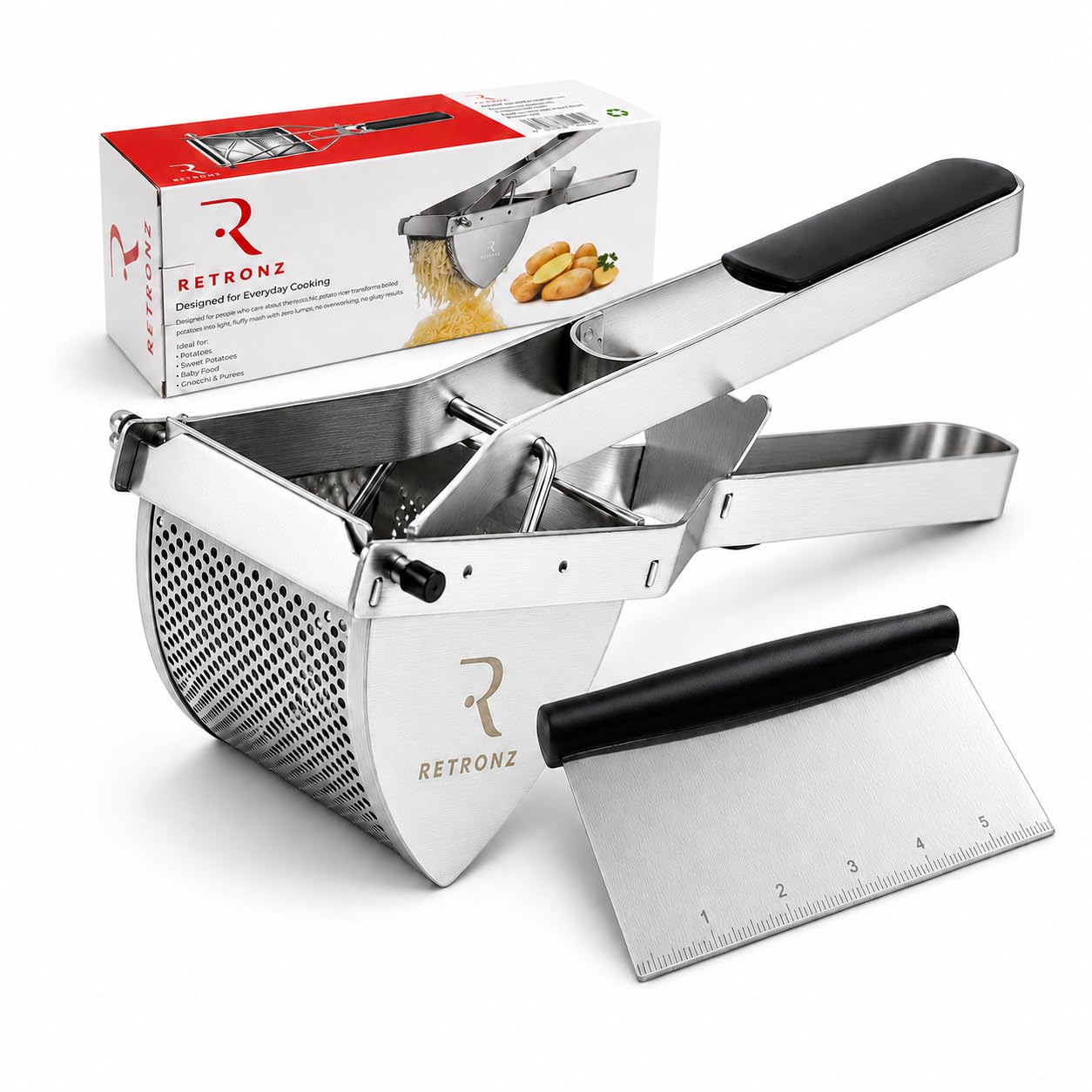 Potato Ricer Masher, Stainless Steel Heavy Duty Potato Press for Fluffy Mashed Potatoes, Gnocchi, Puree and Baby Food, Dishwasher Safe, with Measuring Dough Scraper