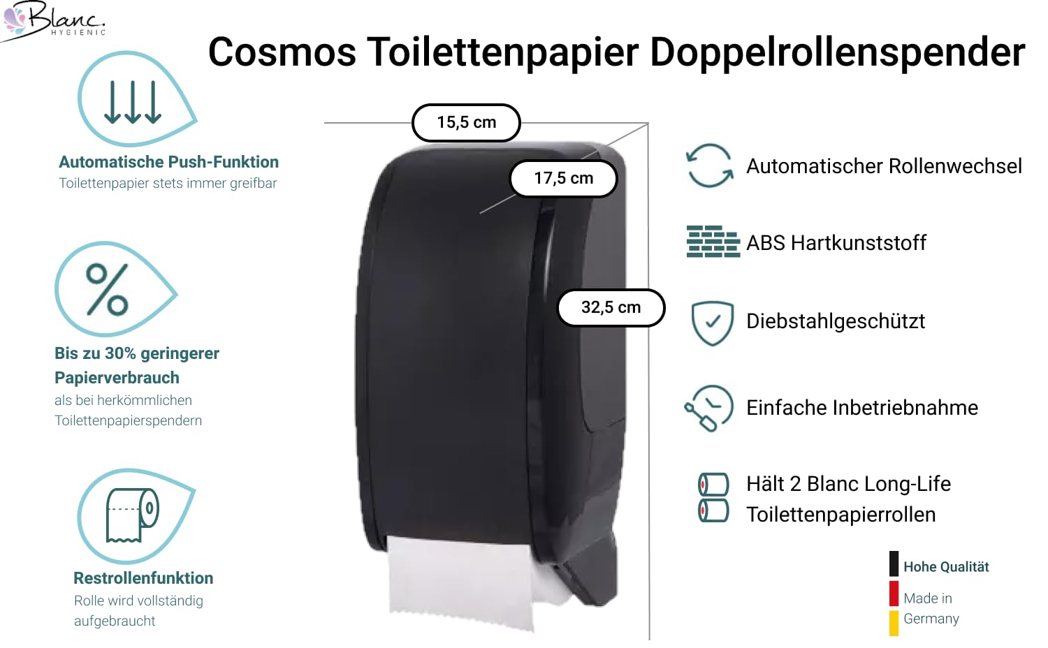 Set Cosmos Doppelrollenspender+360 m Toilettenpapier Schwarz | 360 m Long-Life Toilettenpapier, 3-lagig, entspricht ca. 26 Haushaltsrollen