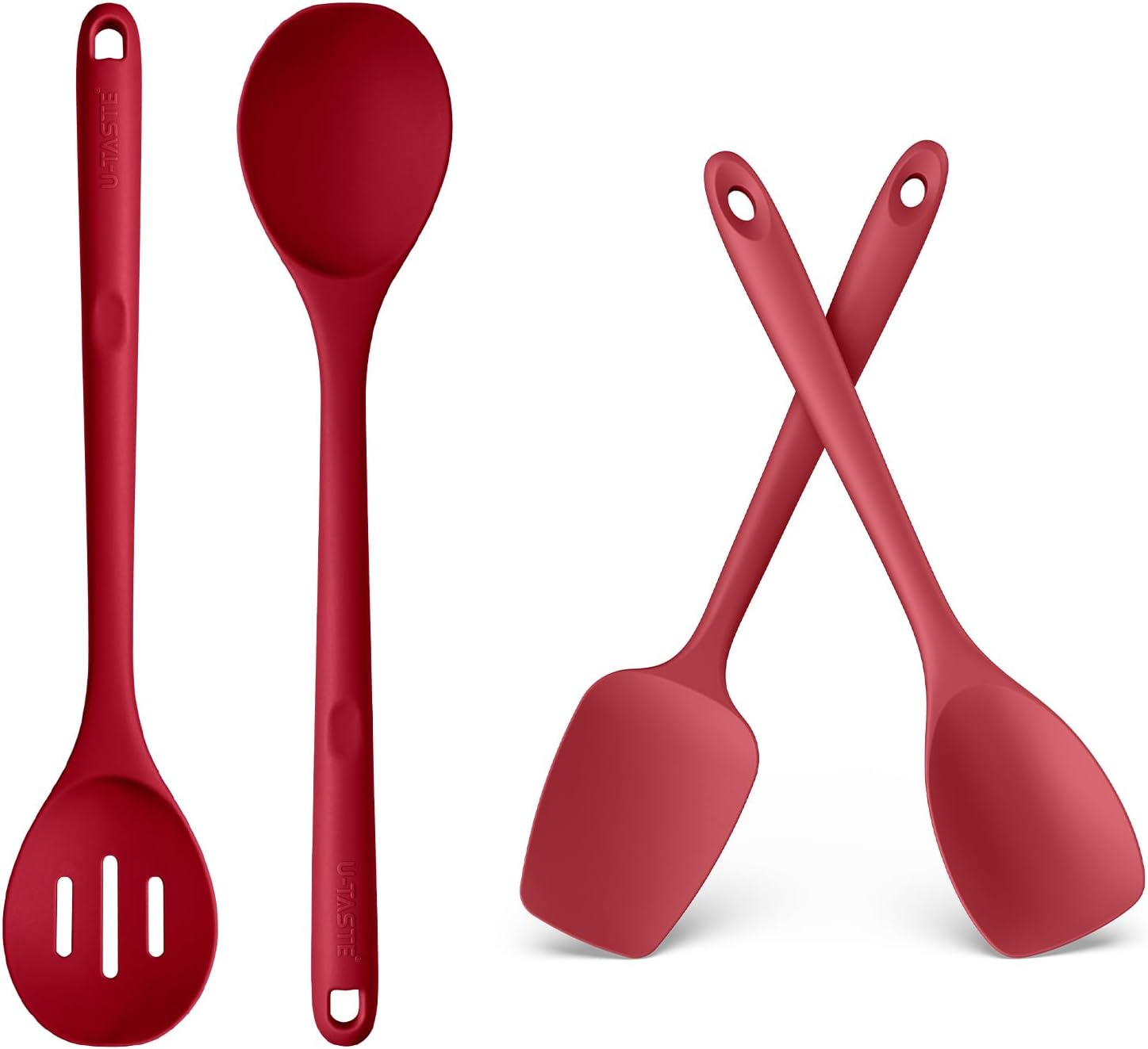 U-Taste 600ºF Heat Resistant 13.3in Solid & Slotted Silicone Spoons and 600ºF Heat Resistat Silicone Flexible Baking Spoon Spatula & Cooking Scoop Spoonula (Red)