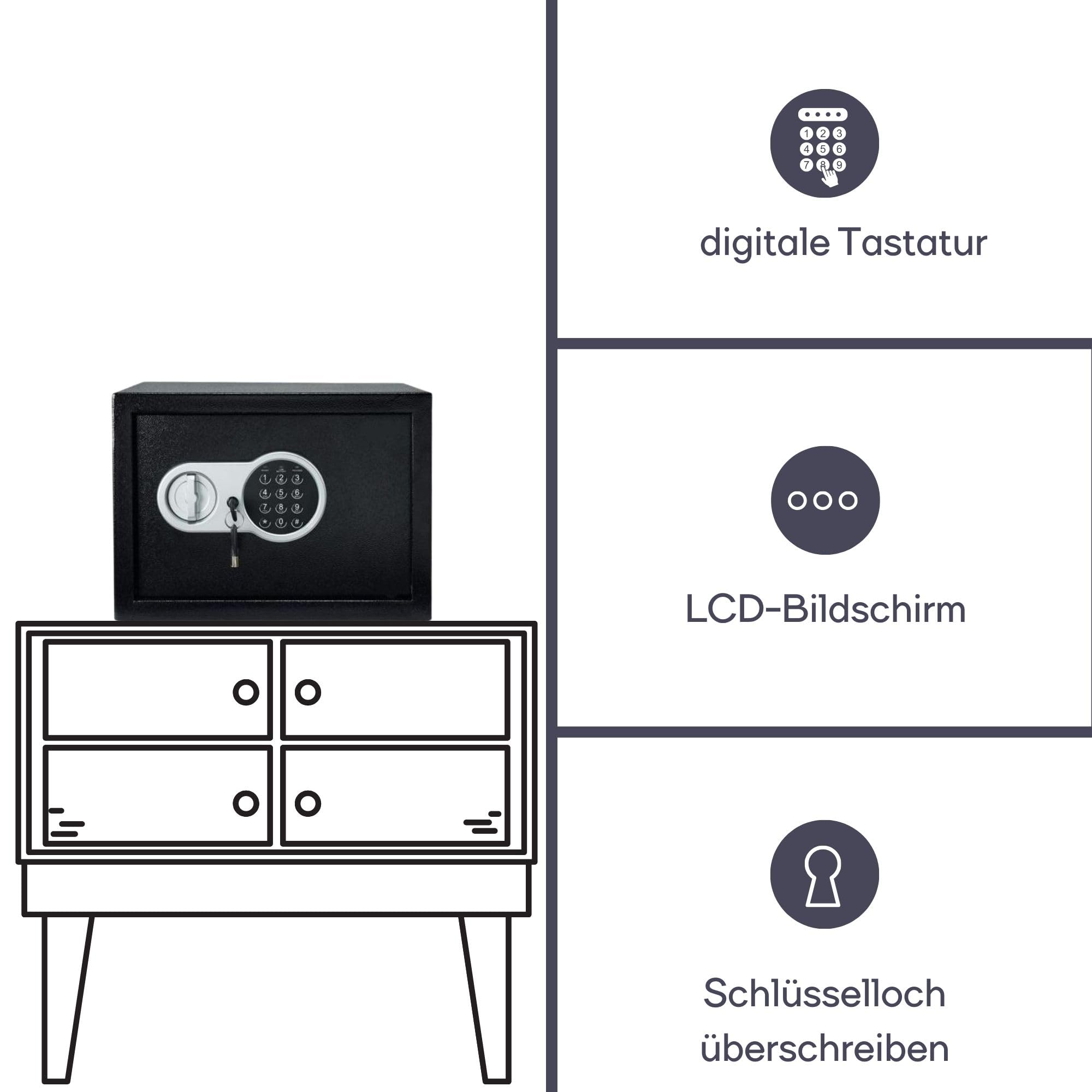 Perel Elektronischer Safe mit Zahlencode und Notschlüssel, geräumiger Stahlschrank mit weicher Innenauskleidung, sicherer Mini-Tresor für Schmuck, Dokumente und Bargeld, 20x31x20 cm