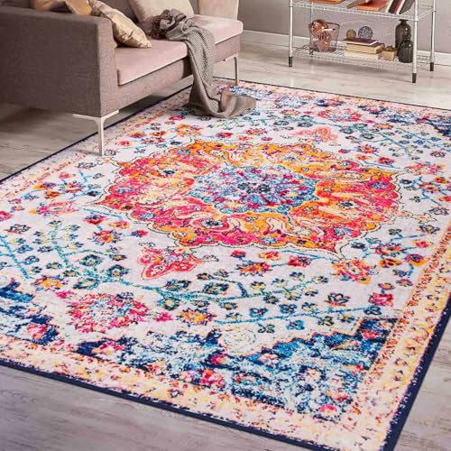 Betadistor Washable Rugs for Living Room, 120 x 160 cm, Area Rugs Orange Vintage Boho Rugs Non Slip Short Pile Rugs for Bedroom 120 x 160 cm, Red and Blue, 306-10121