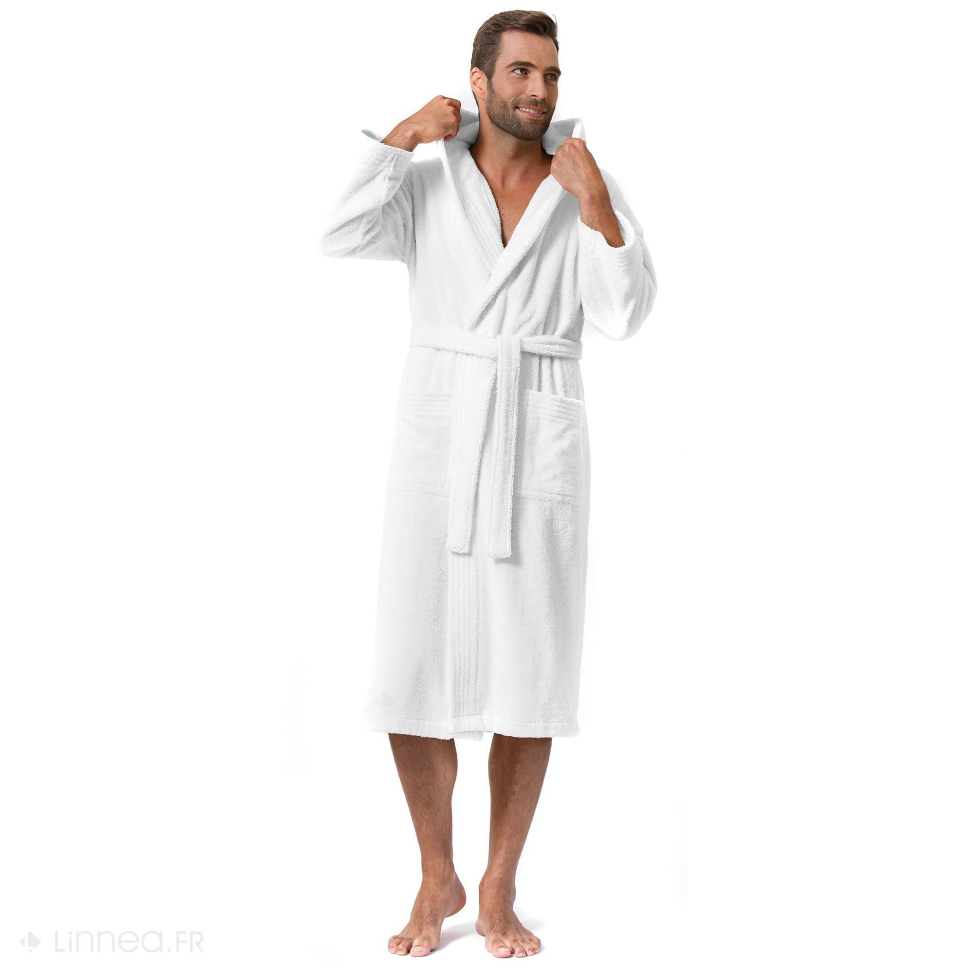 Linnea Peignoir à Capuche Adulte Pure Coton XXL Hauteur Courte Blanc