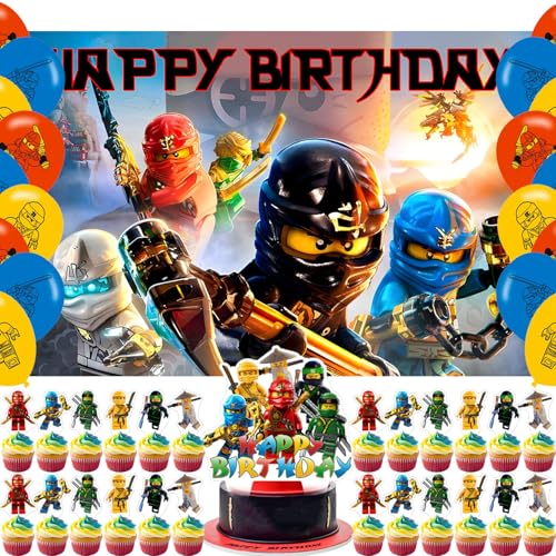 NInja Hero Birthday Decorations 59x35.4 in Cartoon Ninja Happy Birthday Backdrop Cake Toppers for Fans Birthday Party Supplies