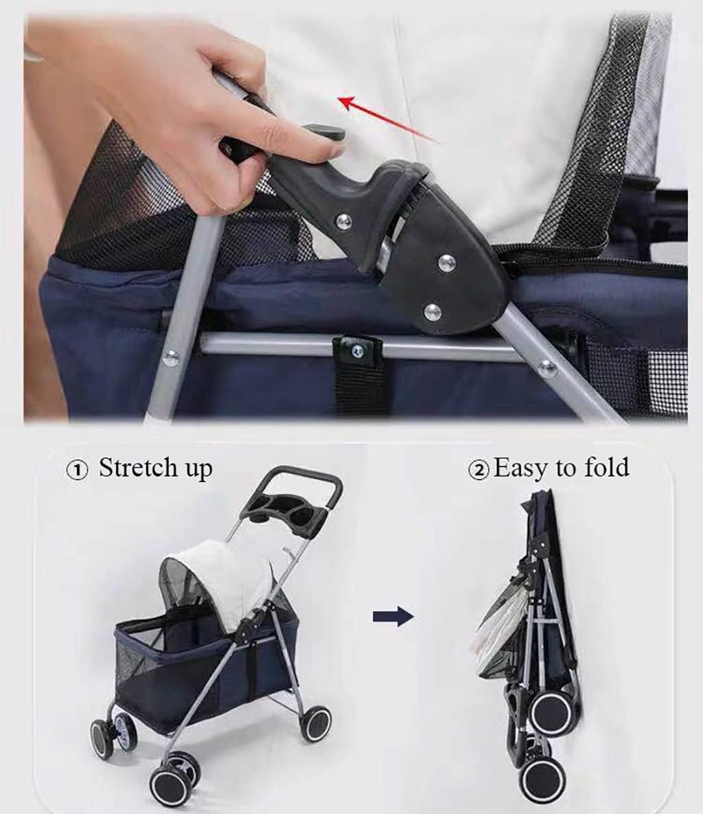 Pet Stroller Simple One-Hand Folding 4-Wheel for Cat/Dog Reversible Direction Universal Wheel Seat Belt with Link Brake (Black)