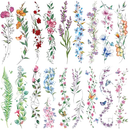 Tazimi Watercolor Temporary Tattoos For Women Girls-24 Sheets Colorful Flower Lavender Rose Vine Forget-me-not Plum Blossoms Wild flowers Realistic Waterproof Tattoo Stickers Body Art