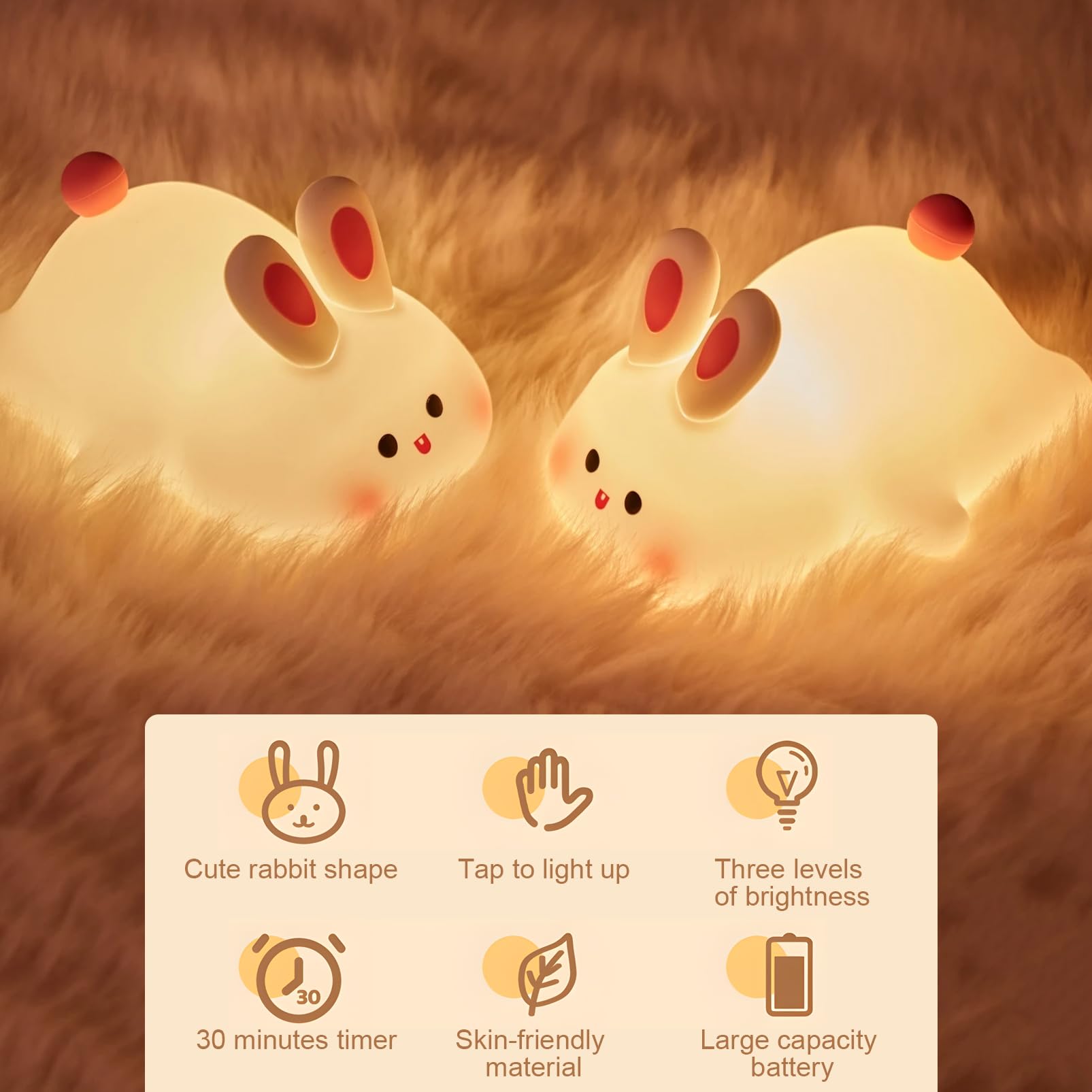 Auezona Luce Notturna Bambini, Lampada Notturna per Bambini Coniglio, Luce Notturna Ricaricabile USB, LED Lampada Coniglio per Bambini Silicone Touch con Timer, Regalo Neonato Compleanno Natale