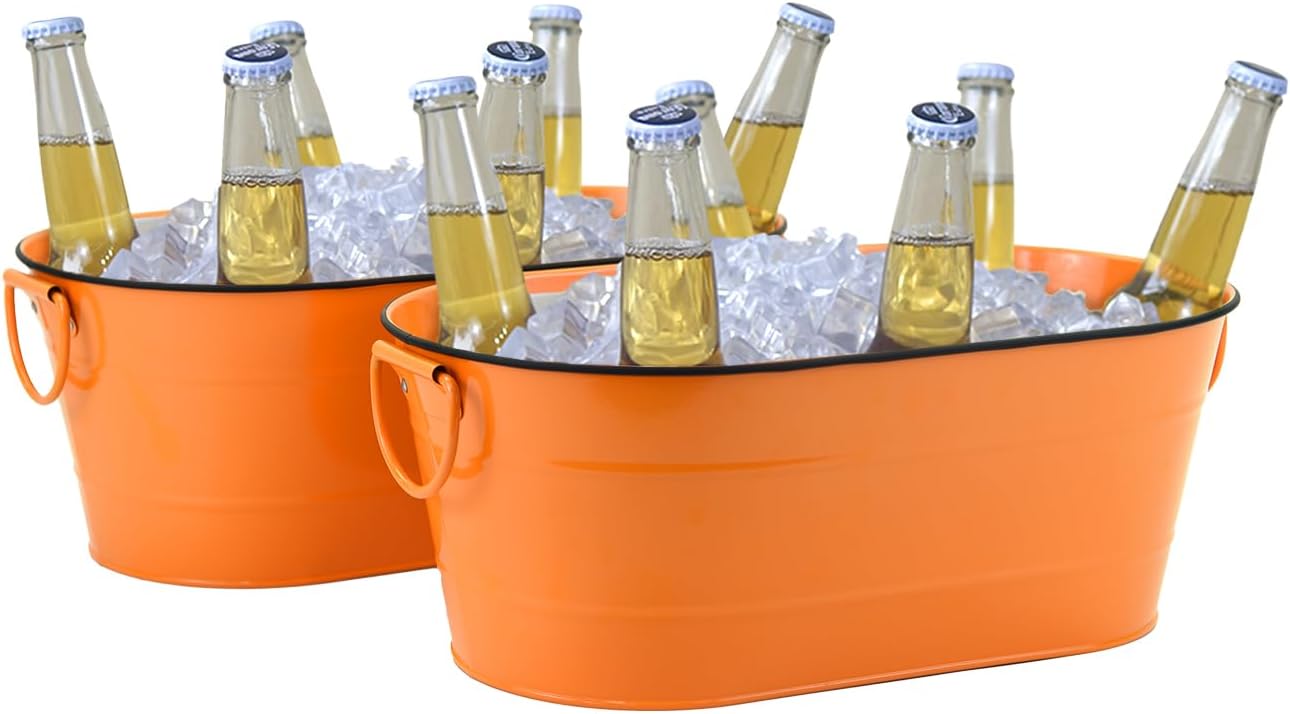 Ice Bucket Galvanized Tub, 2 Pcs 3 Gallon Oval Beverage Tub, Drink Cooler Ice Buckets for Parties, Metal Bucket with Handle for Beer Whiskey Wine and Cocktails (Orange) Orange S: 15.86 x 9.2 x 6 inch