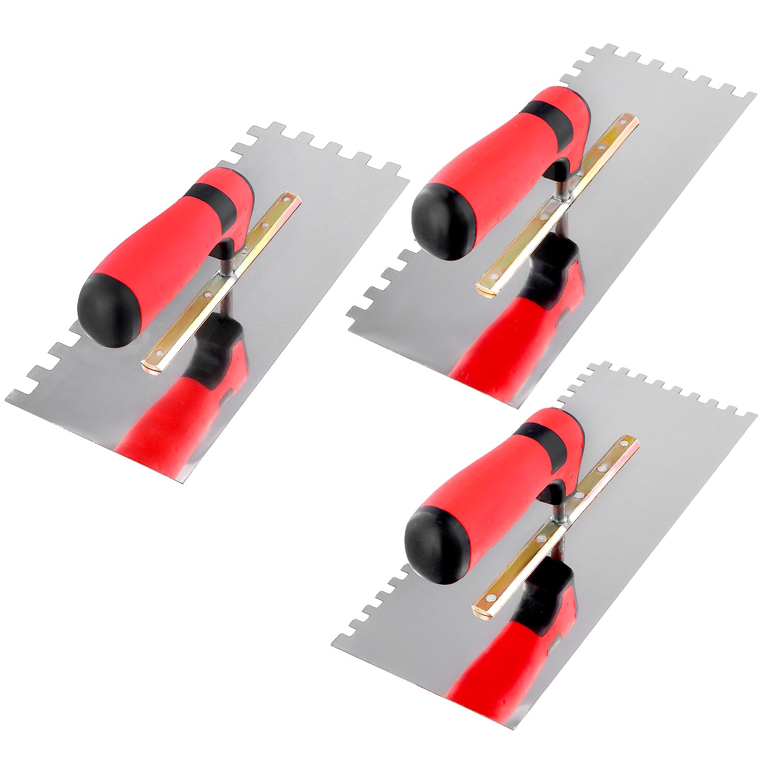 QWORK Truelle dentee 3 pices - Dents 6/8/10 mm - Truelles de lissage INOX 280x107 mm - Soft Grip Rouge