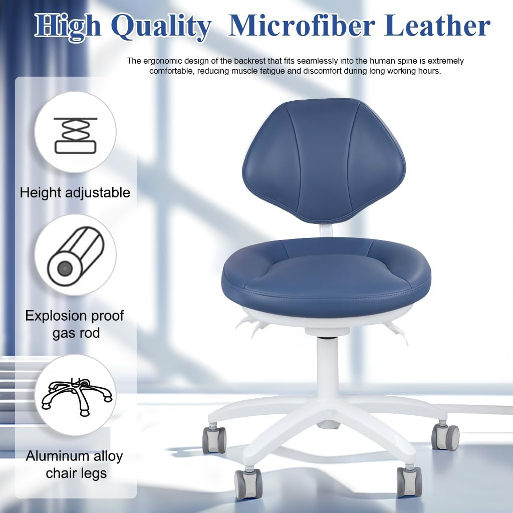 Ergonomic Adjustable Dental Stool with Lumbar Support - Physician Stool for Dentists & Clinics, Medical-Grade Microfiber Leather & Swivel Base