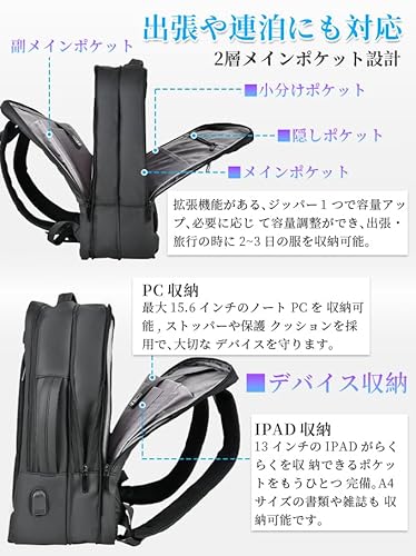 SPOSING ビジネスリュック メンズ マチ拡張可能!2層ポケット多機能収納 大容量 軽量 防水 3way バッグ 15.6インチ PC リュックサック USB充電ポート耐衝撃 防汚性 通気性 止水ファスナー バックパック 人気 おしゃれ 高校生 通学 出張 旅行 男女兼用 の商品画像 3