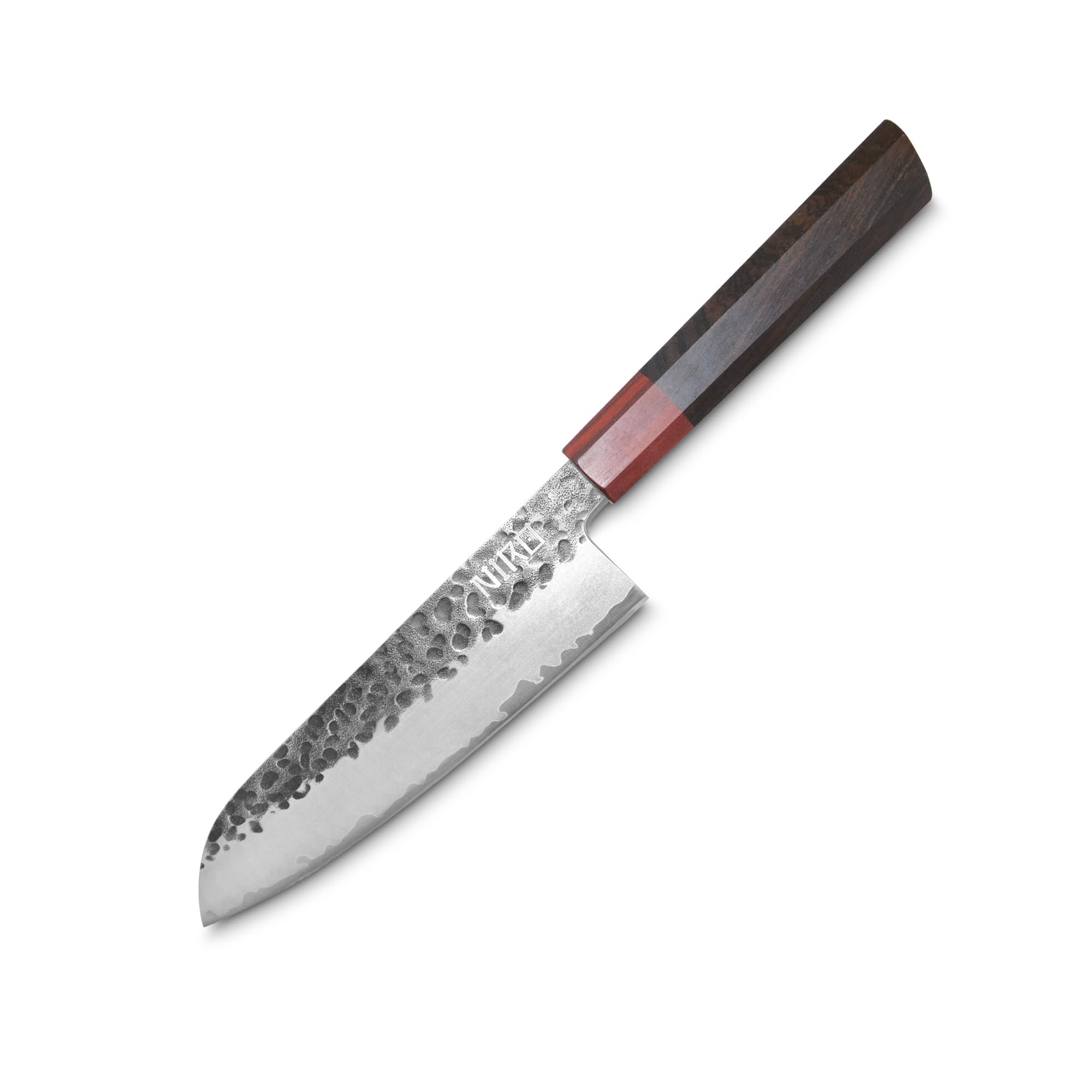 NIRO Coltello Professionale Giapponese Santoku in Acciaio Damascato, 67 Strati, Durezza 60 HRC, Manico Pregiato in Ebano e Sandalo, Bilanciamento perfetto, Resistente all’usura