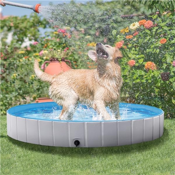 Yaheetech Piscine Chien Pliable 100 x 30cm Piscine Baignoire Chiens Bassin de Baignade Portable Bain pour Chien/Chat Extérieur Intérieur Antidérapant avec Patchs de réparation et Brosse Gris