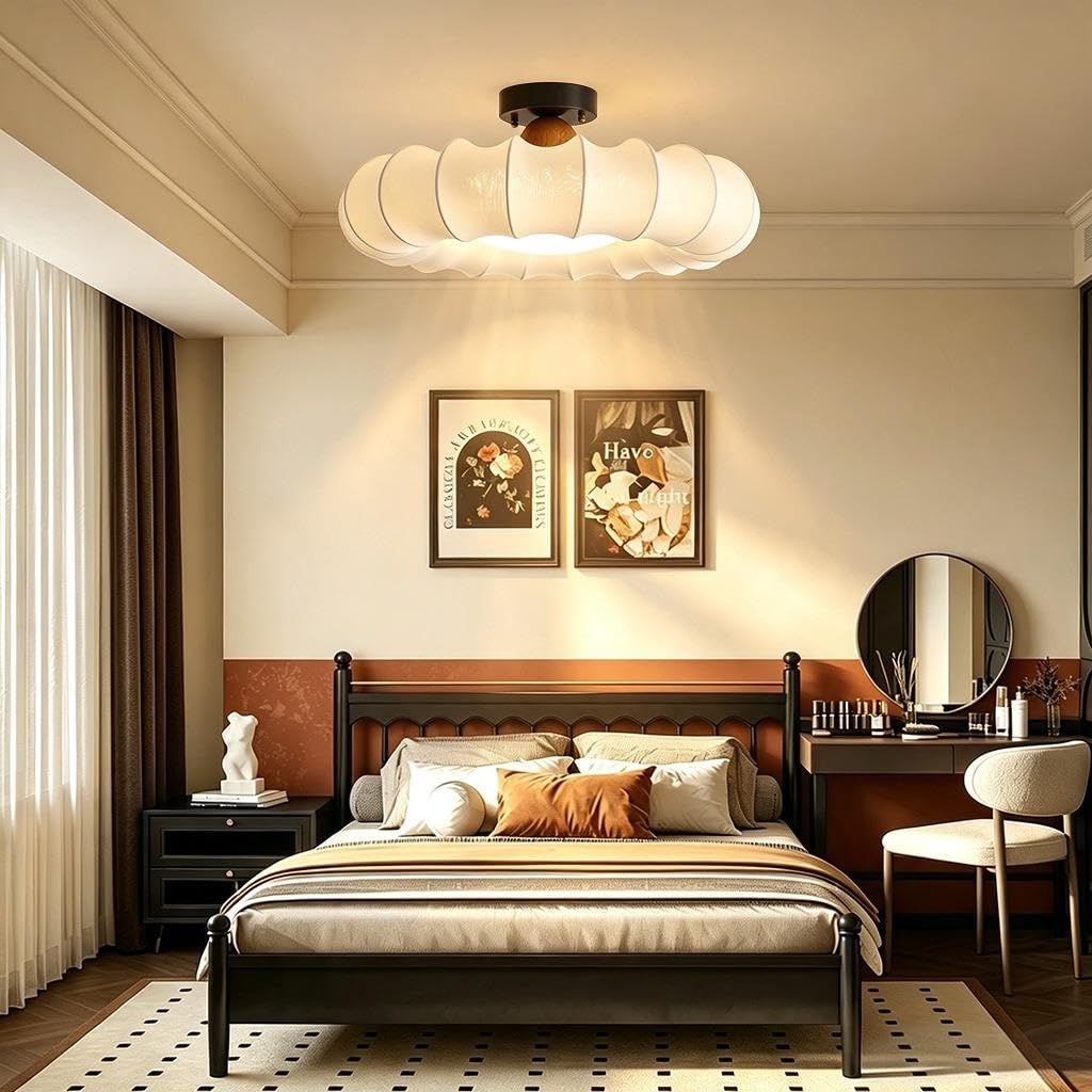 Lampa sufitowa LED w stylu francuskim vintage Ściemnialna lampa sufitowa z kloszem z tkaniny Z pilotem zdalnego sterowania Wykonana z miedzi Odpowiednia do salonu i sypialni
