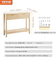 Vista 2 de VEVOR Rattan Console Table with 2 Storage Drawers, Rattan Entryway Table with Natural Rattan Sliding Door, Console Sofa Table for Living Room
