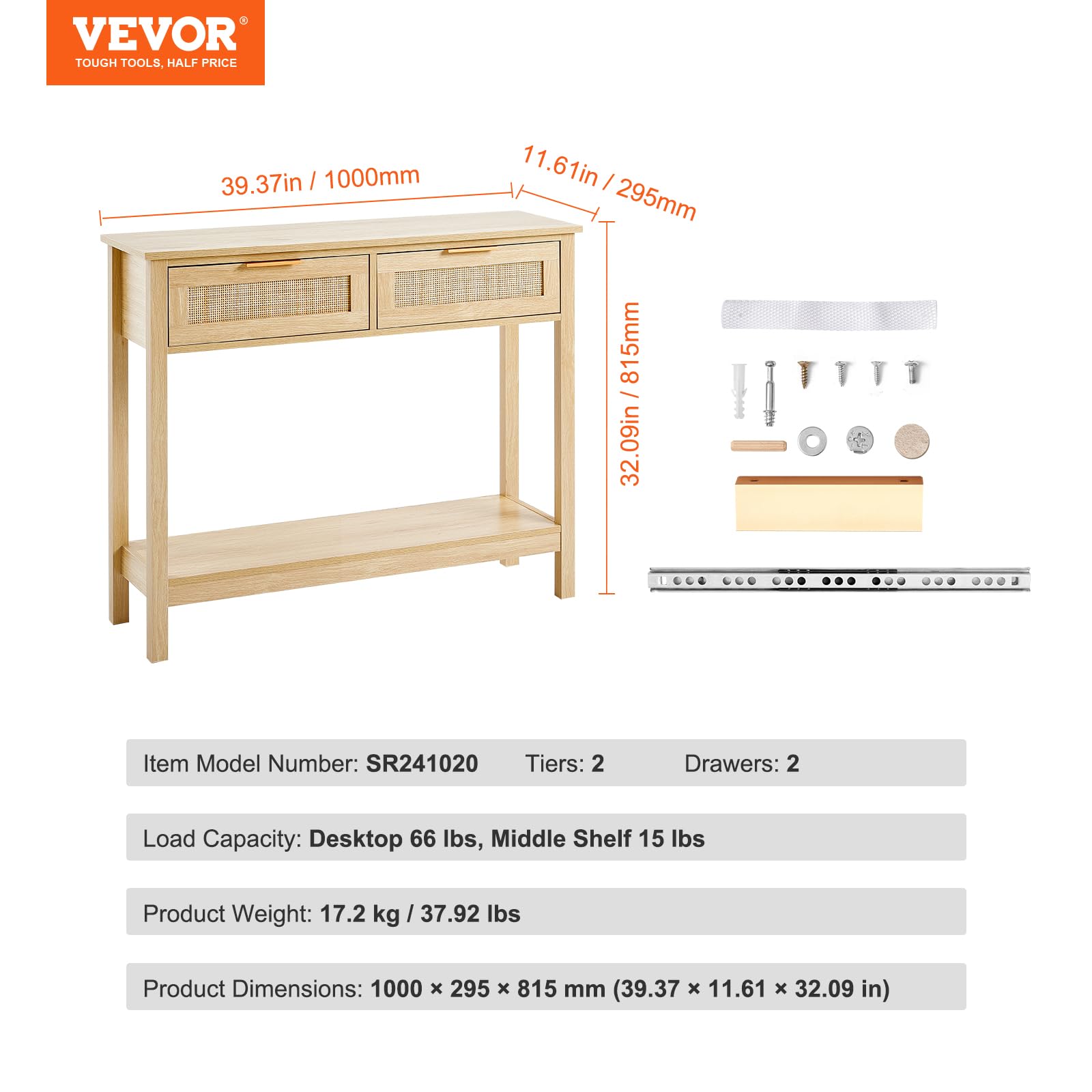 VEVOR Tavolo Consolle in Rattan con 2 Cassetti Portaoggetti, Tavolo Ingresso con Porta Scorrevole in Rattan Naturale, Tavolo Consolle Divano per Soggiorno, Studio, Ingresso o Parete TV, Naturale
